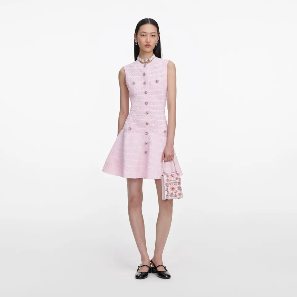 Self Portrait Pink Pointelle Diamante Knit Mini Kleid Rosa
