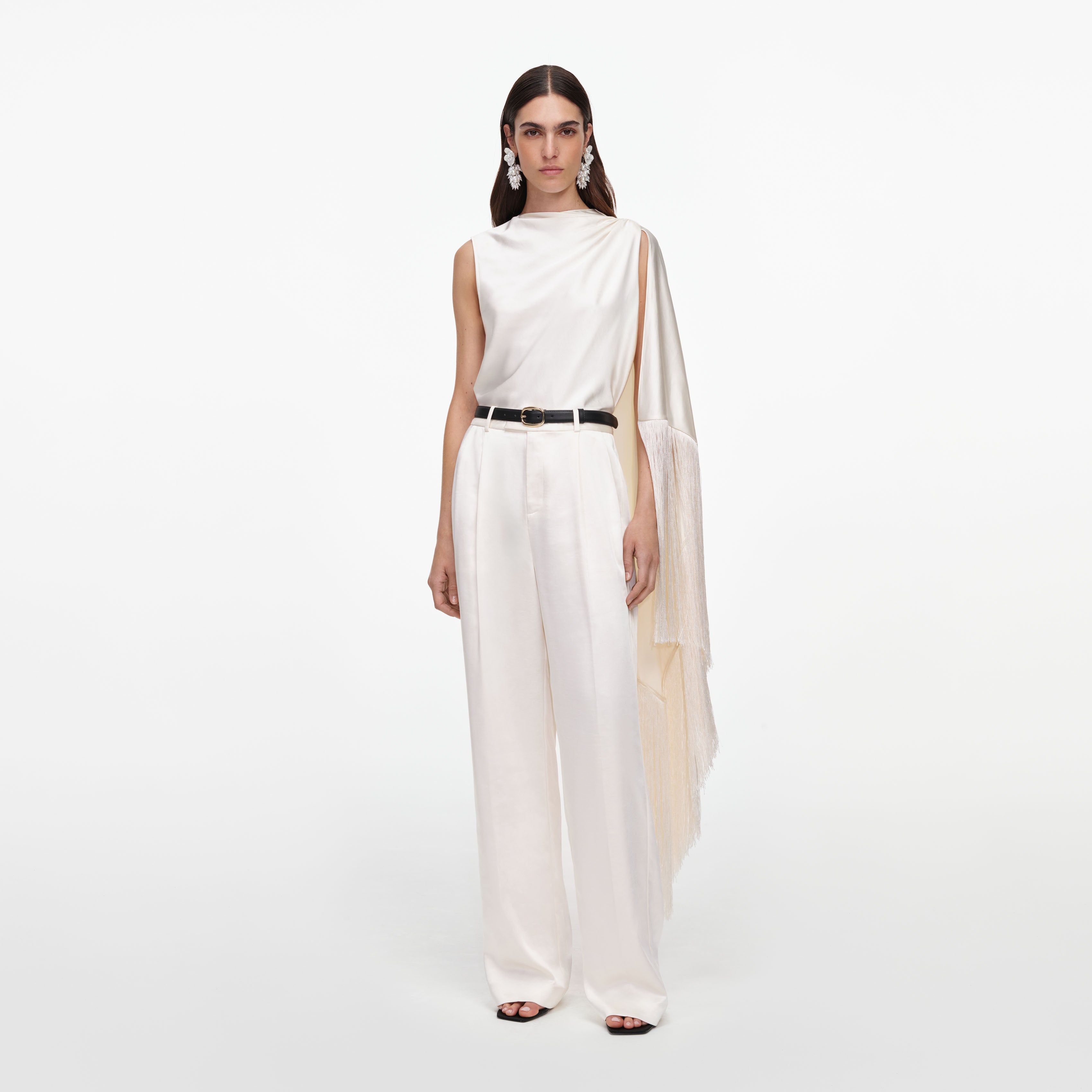Self Portrait Tops Cream Satin Fringed Scarf Top Creme