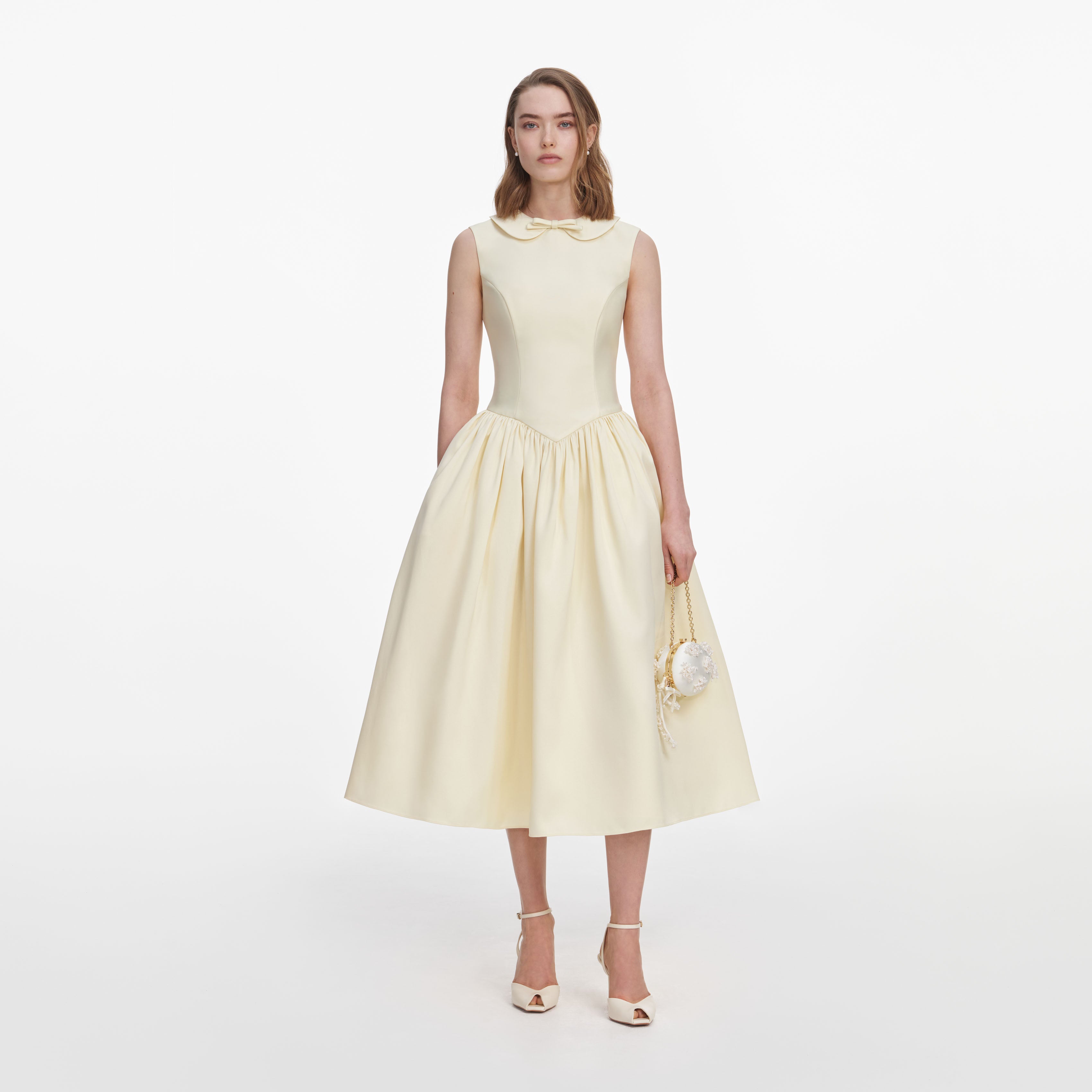 Self Portrait Yellow Taffeta Collared Midi Kleid Gelb Taft