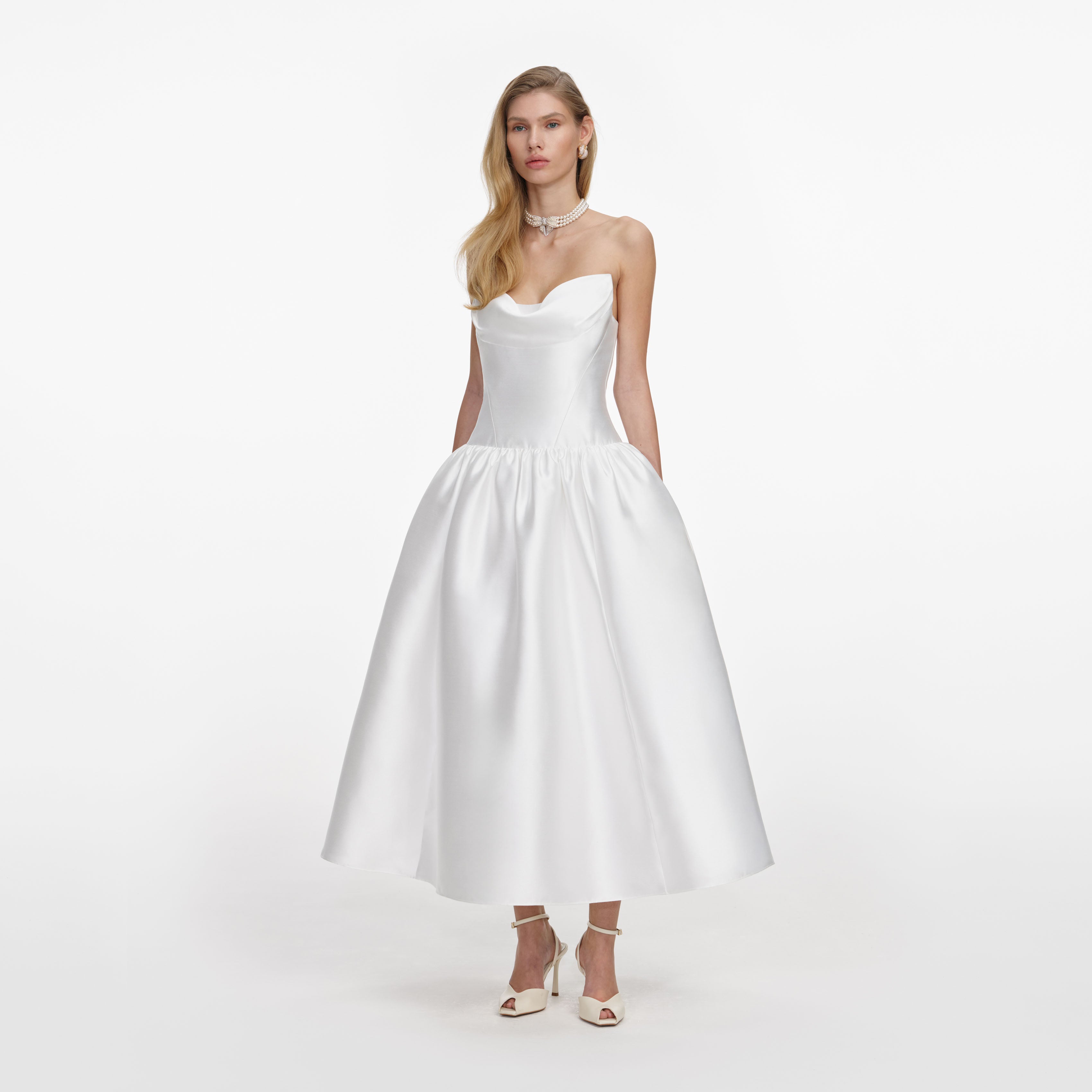 Self Portrait White Taffeta Midi Brautkleid Weiss Traegerlos