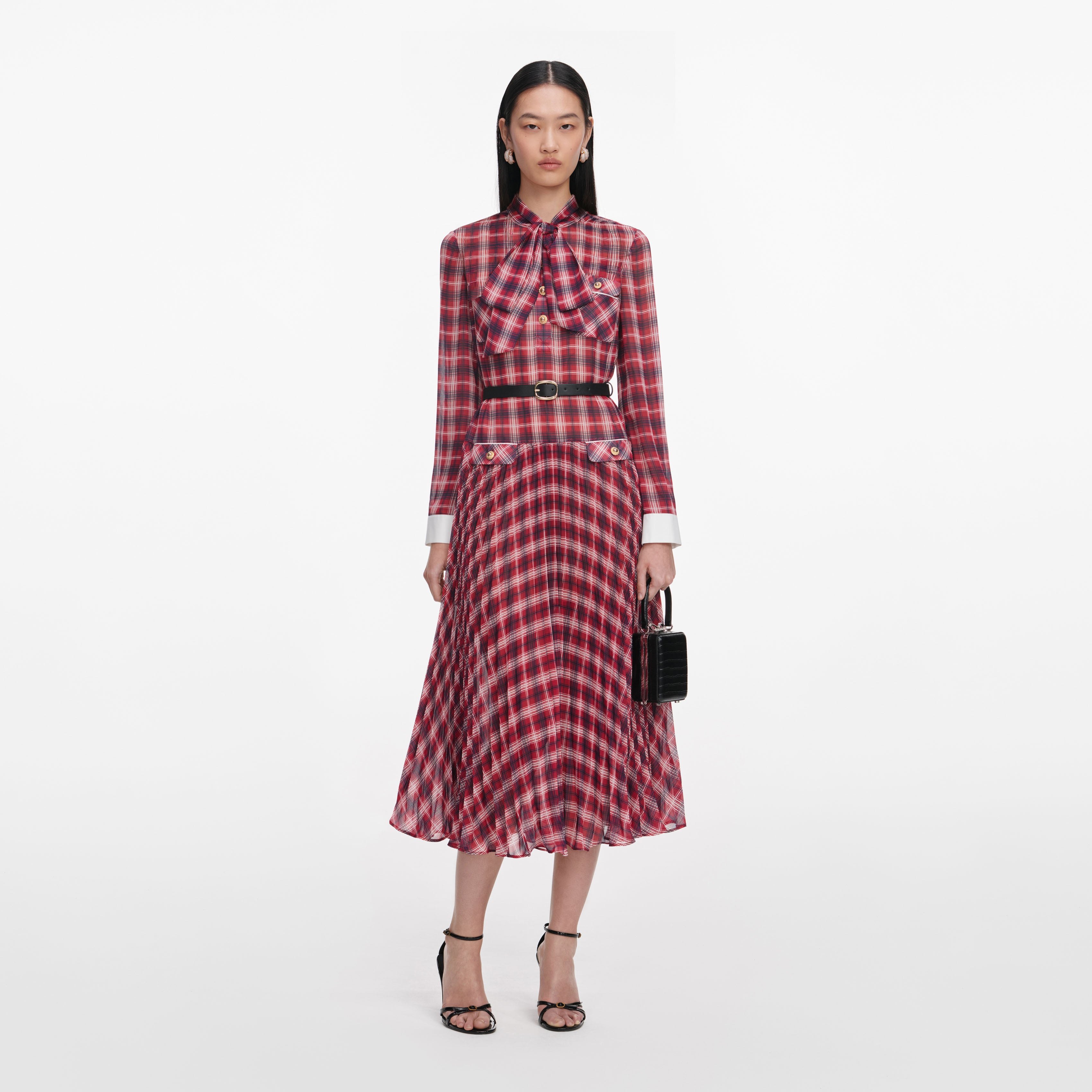 Self Portrait Burgundy Check Chiffon Midi Kleid Karo