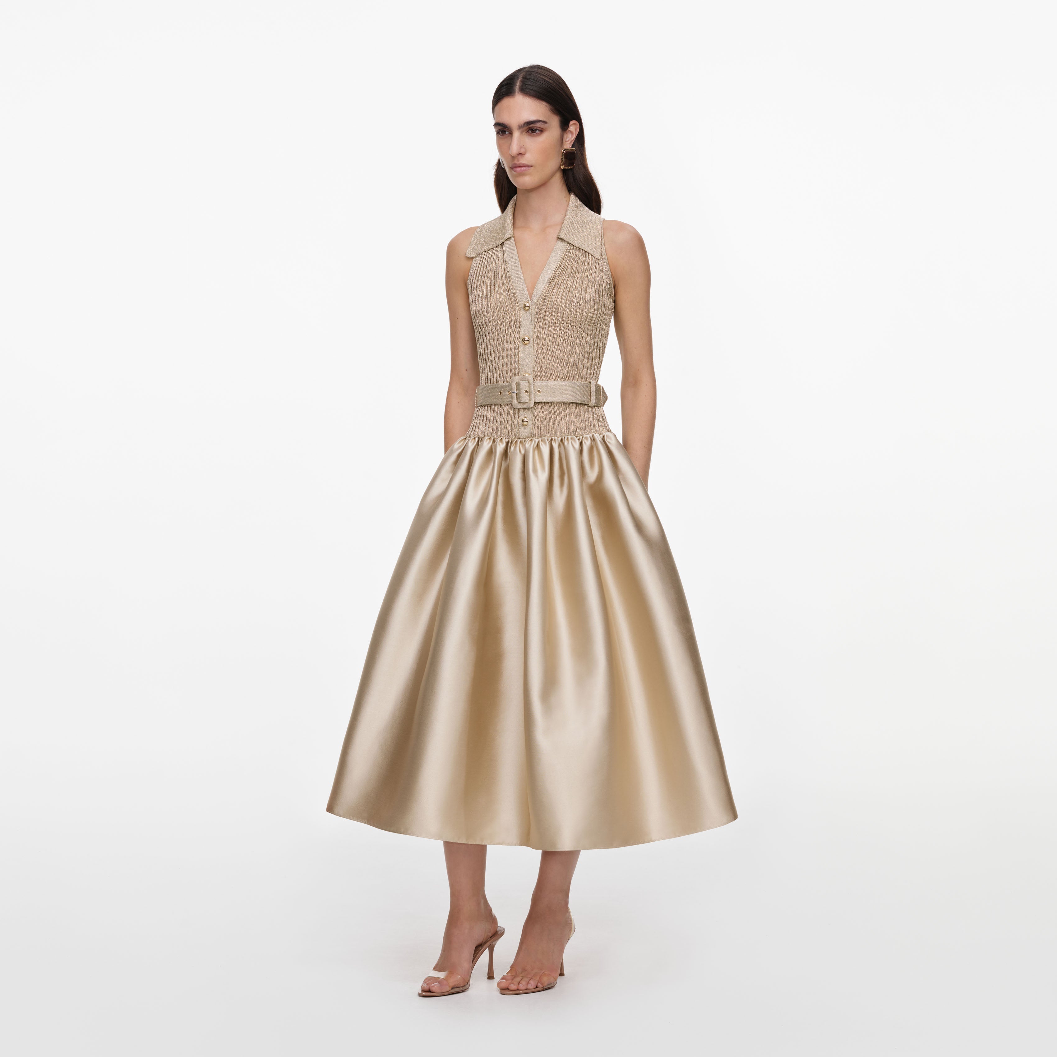 Self Portrait Gold Sleeveless Knit Midikleid Gold Taft