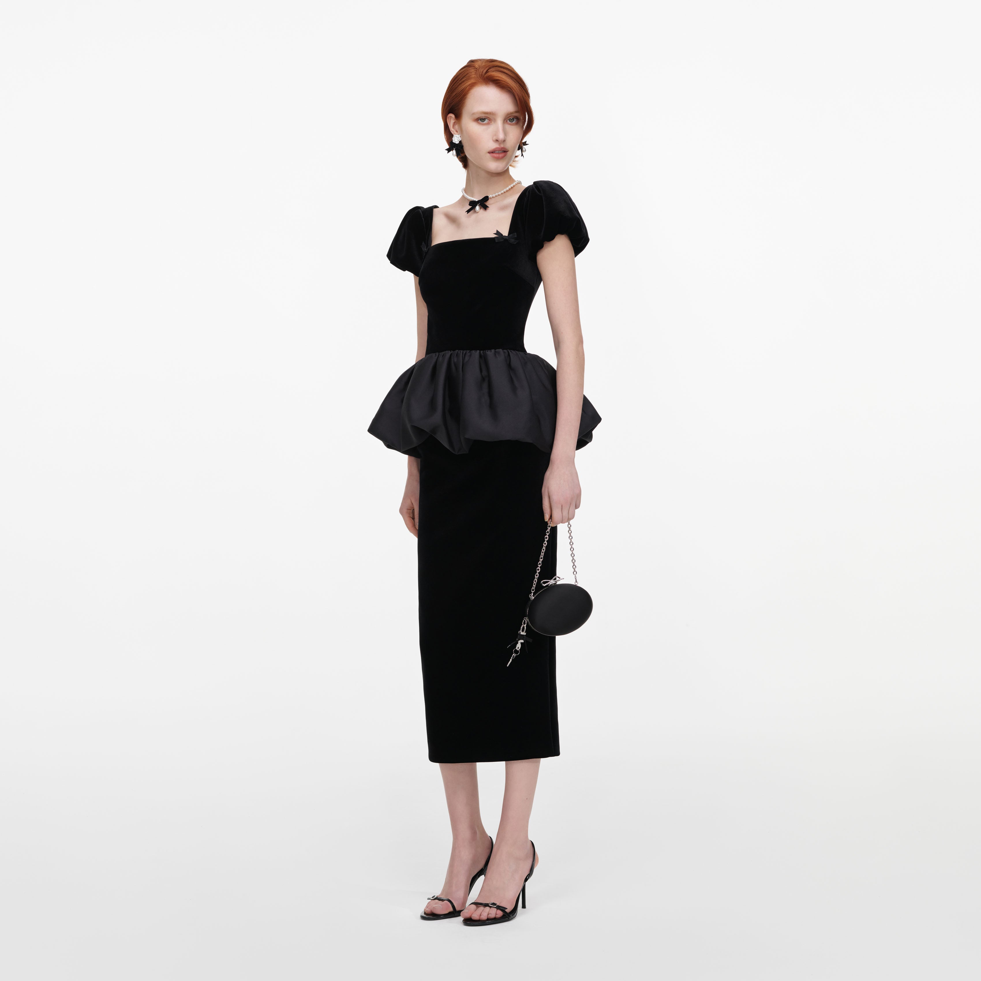 Self Portrait Velvet Bubble Peplum Midi Kleid Schwarz Samt