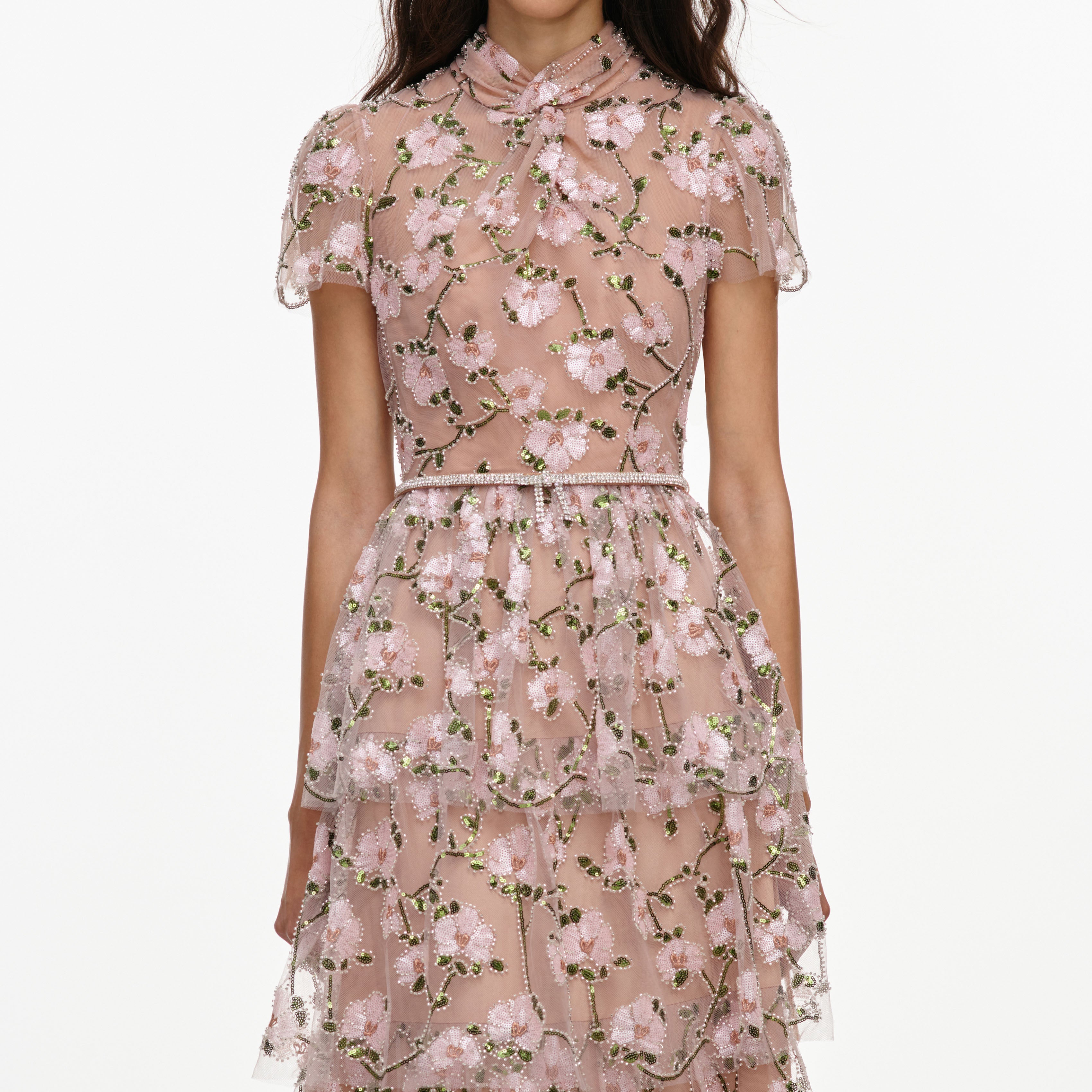 Self Portrait Pink Sequin Tiered Midi Kleid Rosa UK 8
