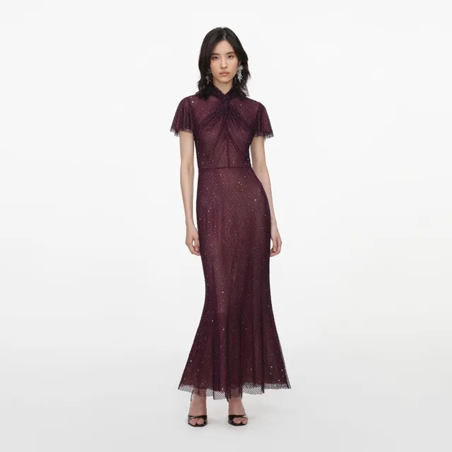 Self Portrait Burgundy Rhinestone Fishnet Midi Kleid Bordeaux
