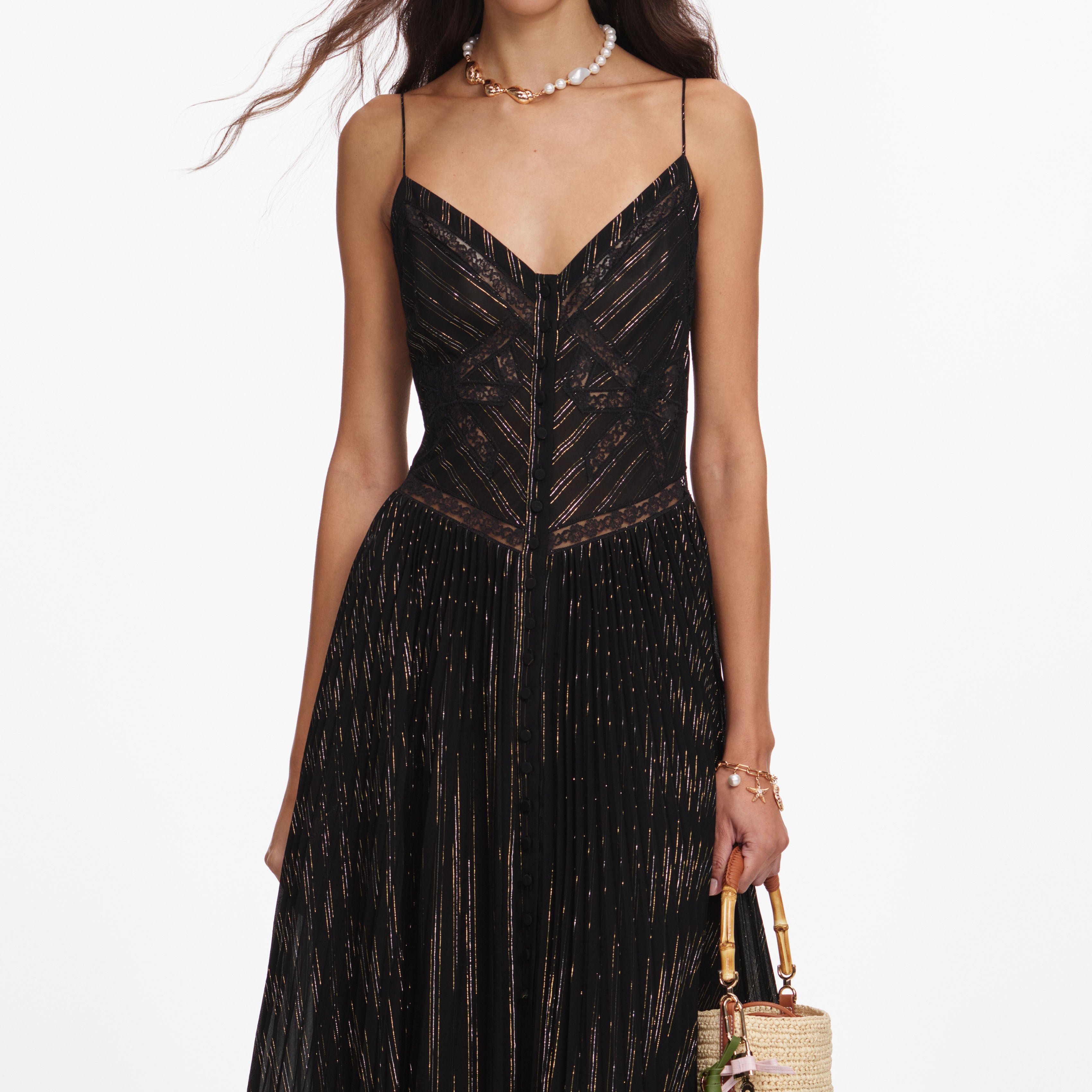 Self Portrait Lurex Stripe Pleated Maxikleid Schwarz