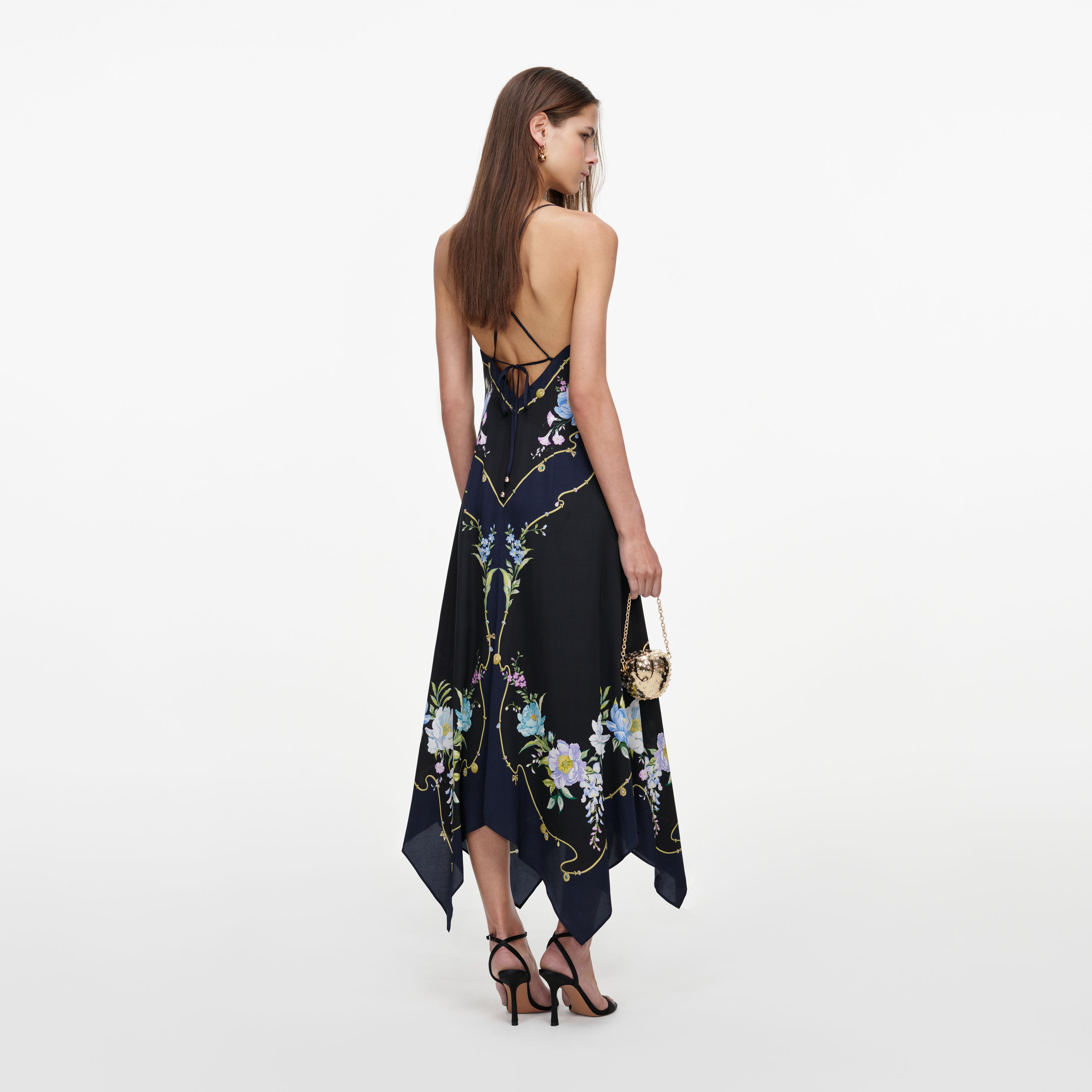 Self Portrait Navy Floral Midikleid Navy Leinen Baumwolle