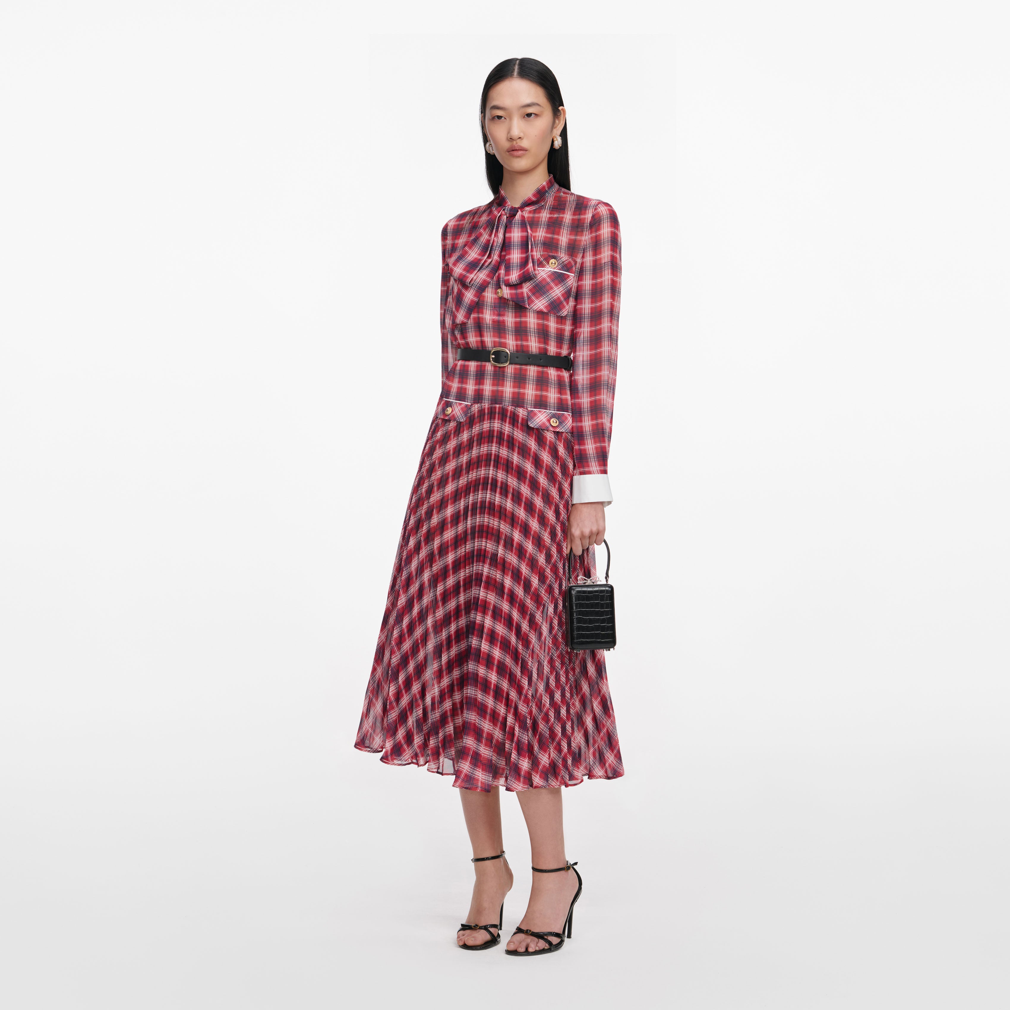 Self Portrait Burgundy Check Chiffon Midi Kleid Karo
