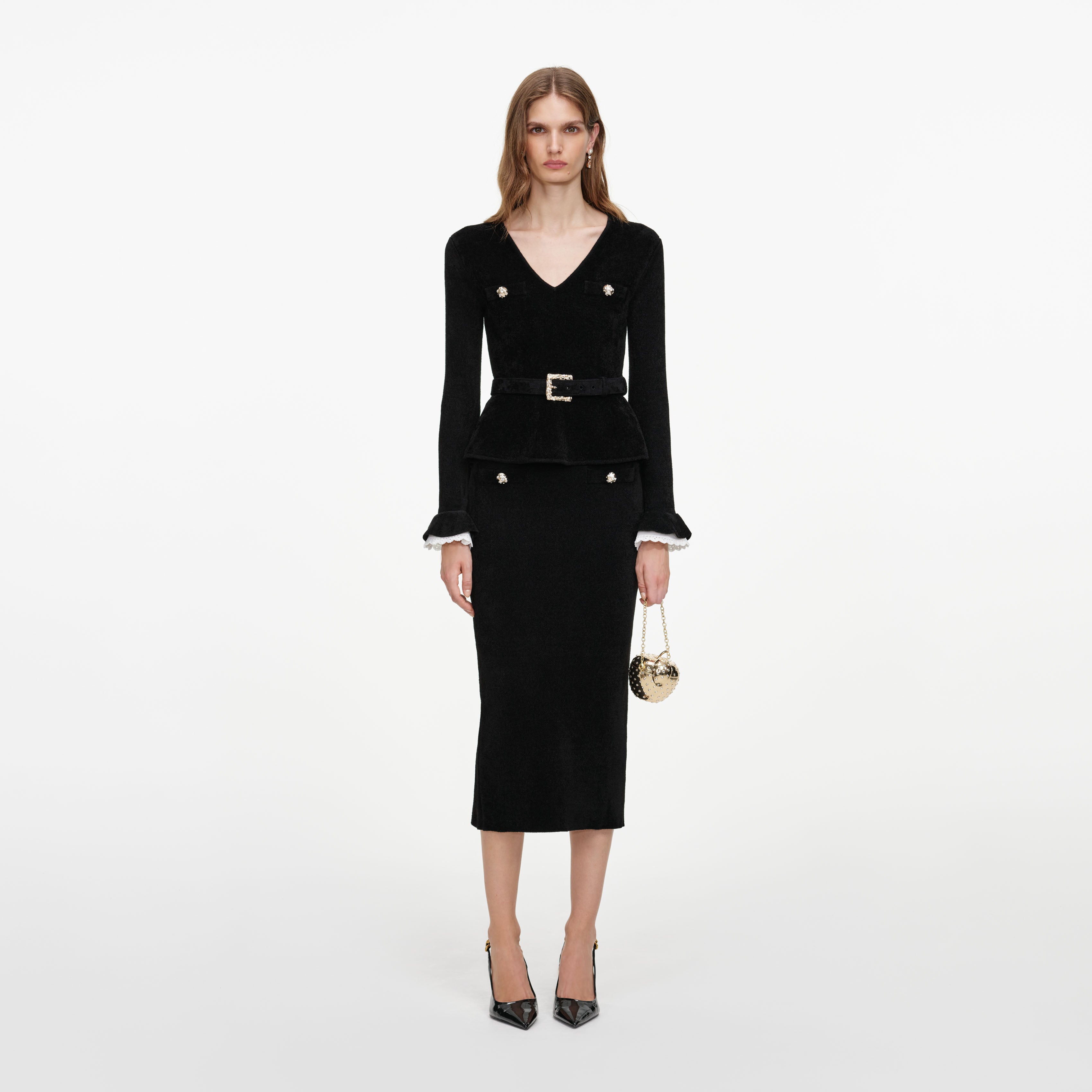 Self Portrait Black Chenille Peplum Midi Kleid Schwarz S