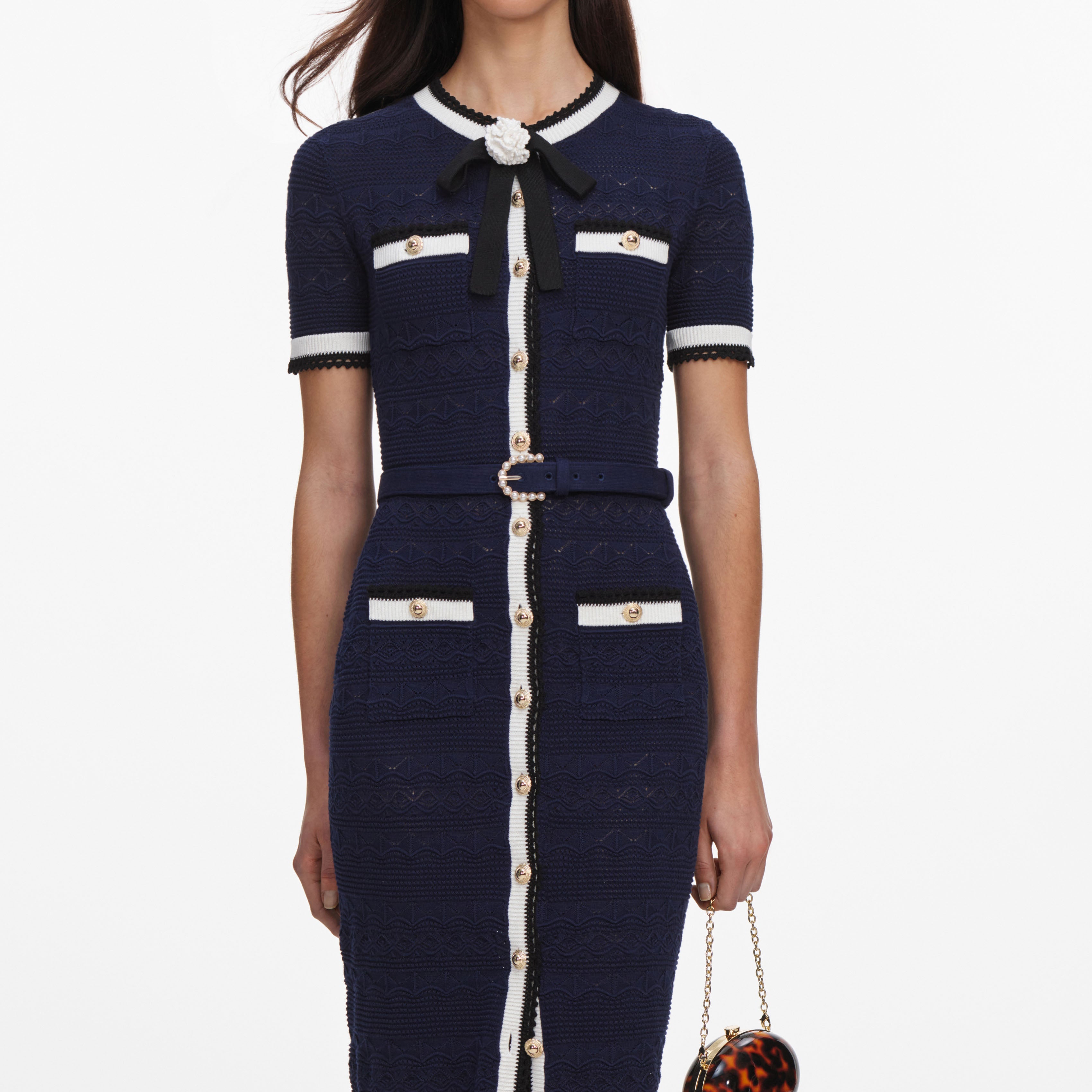 Self Portrait Navy Pointelle Knit Midi Kleid mit Schleife
