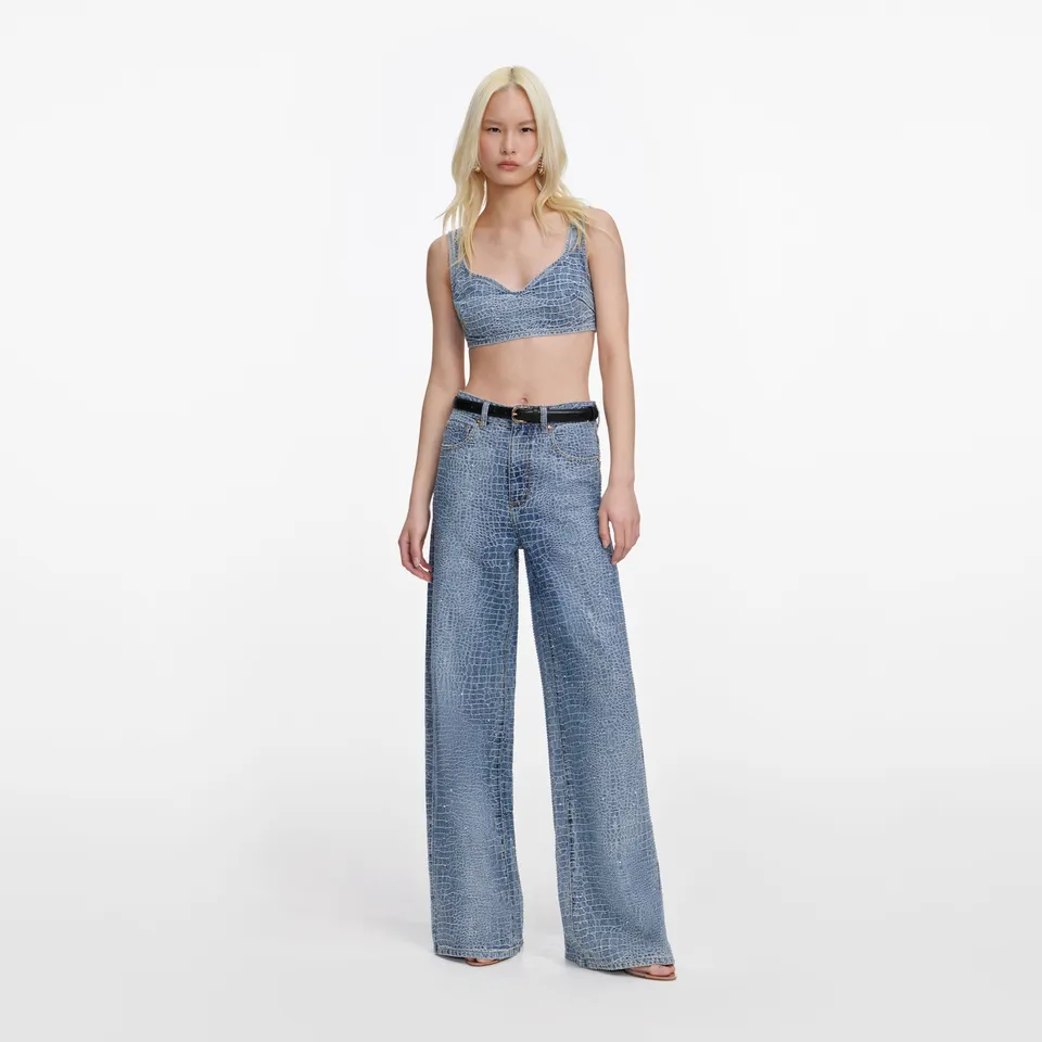 Self Portrait Rhinestone Croc Wide Leg Jeans Blau High Waist
