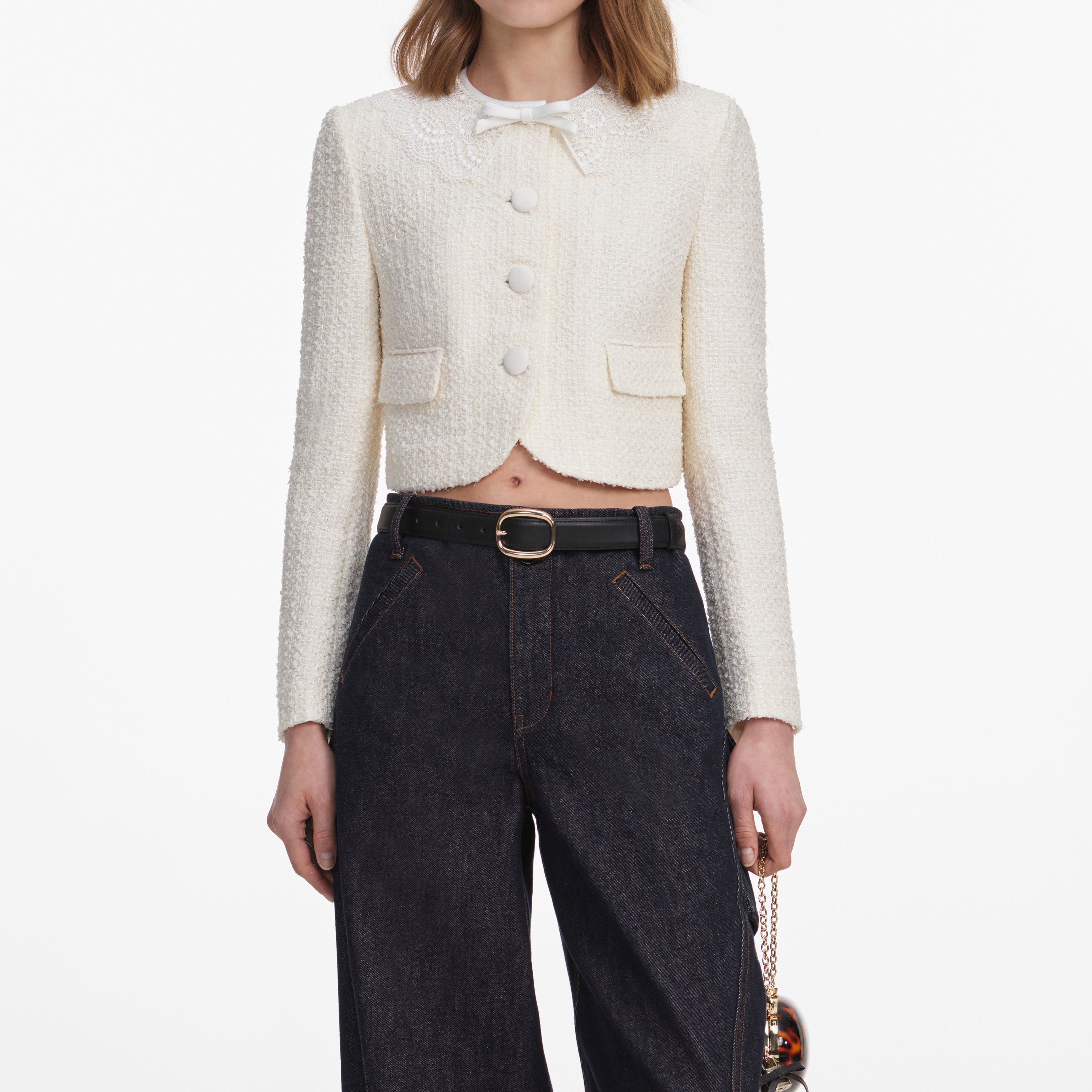 Self Portrait Outerwear Boucle Jacke Creme Schleife