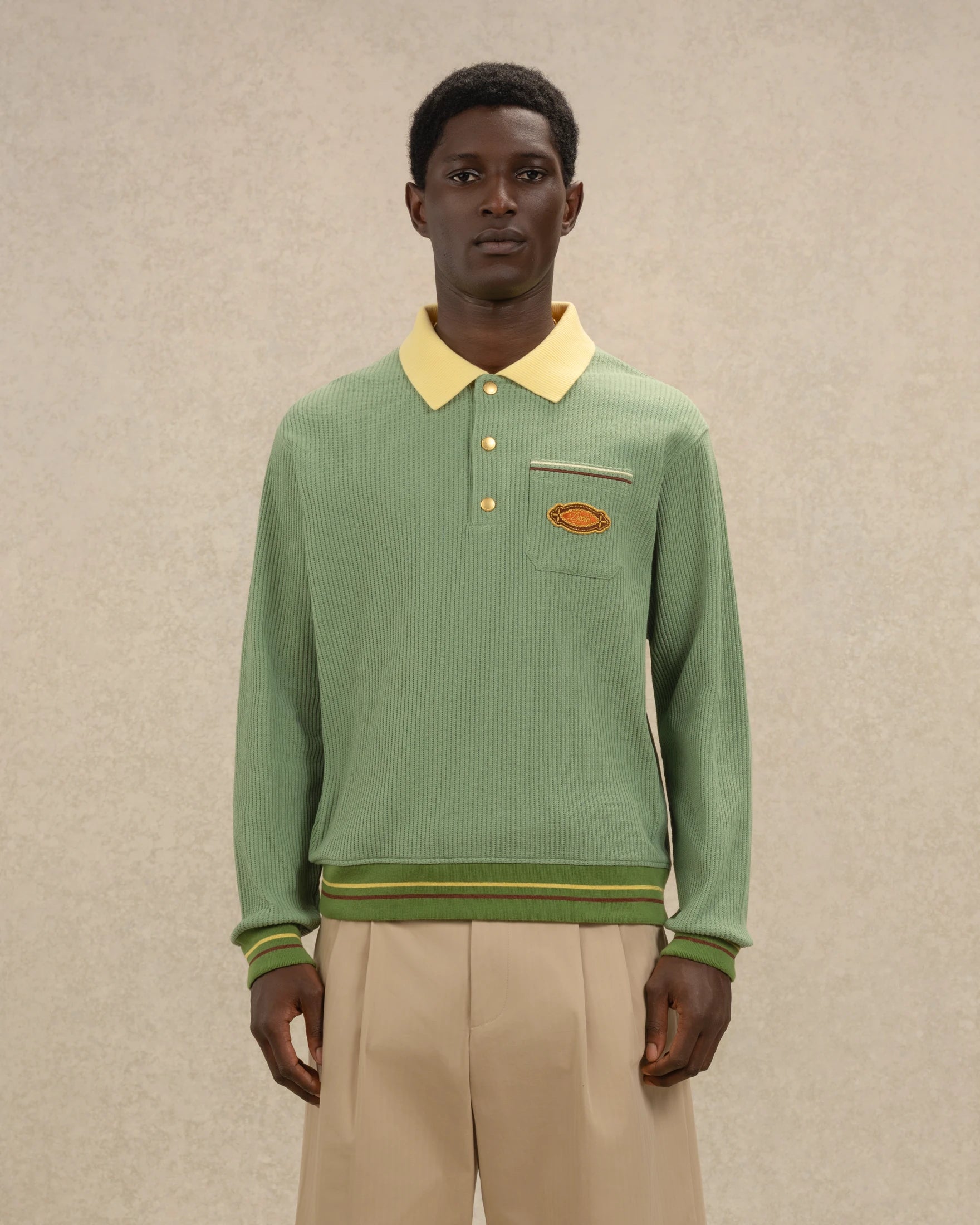 Drôle De Monsieur Polo Drôle Patch Poloshirt Hellgrün Langarm Baumwolle