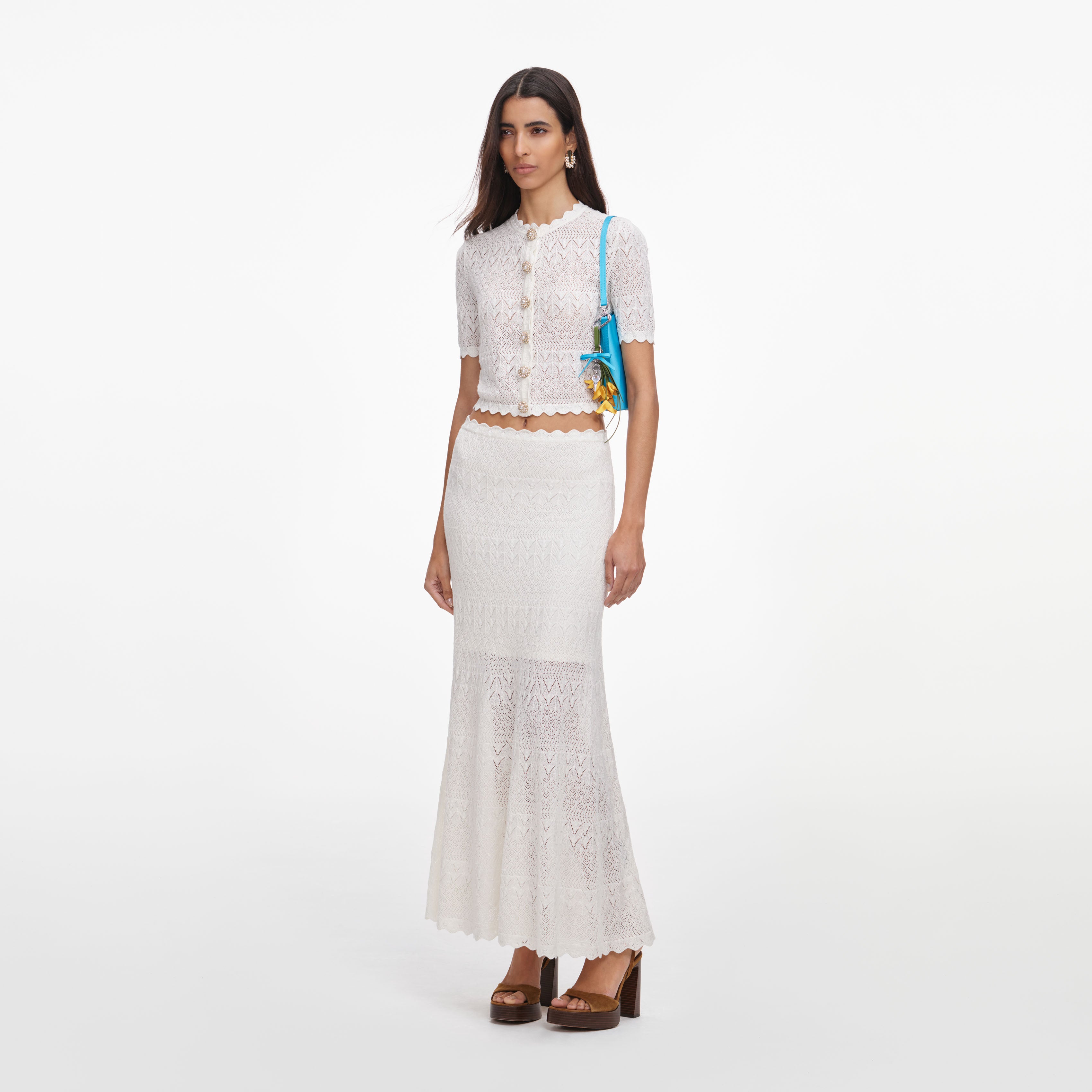 Self Portrait White Pointelle Knit Midi Rock Weiß S Strick