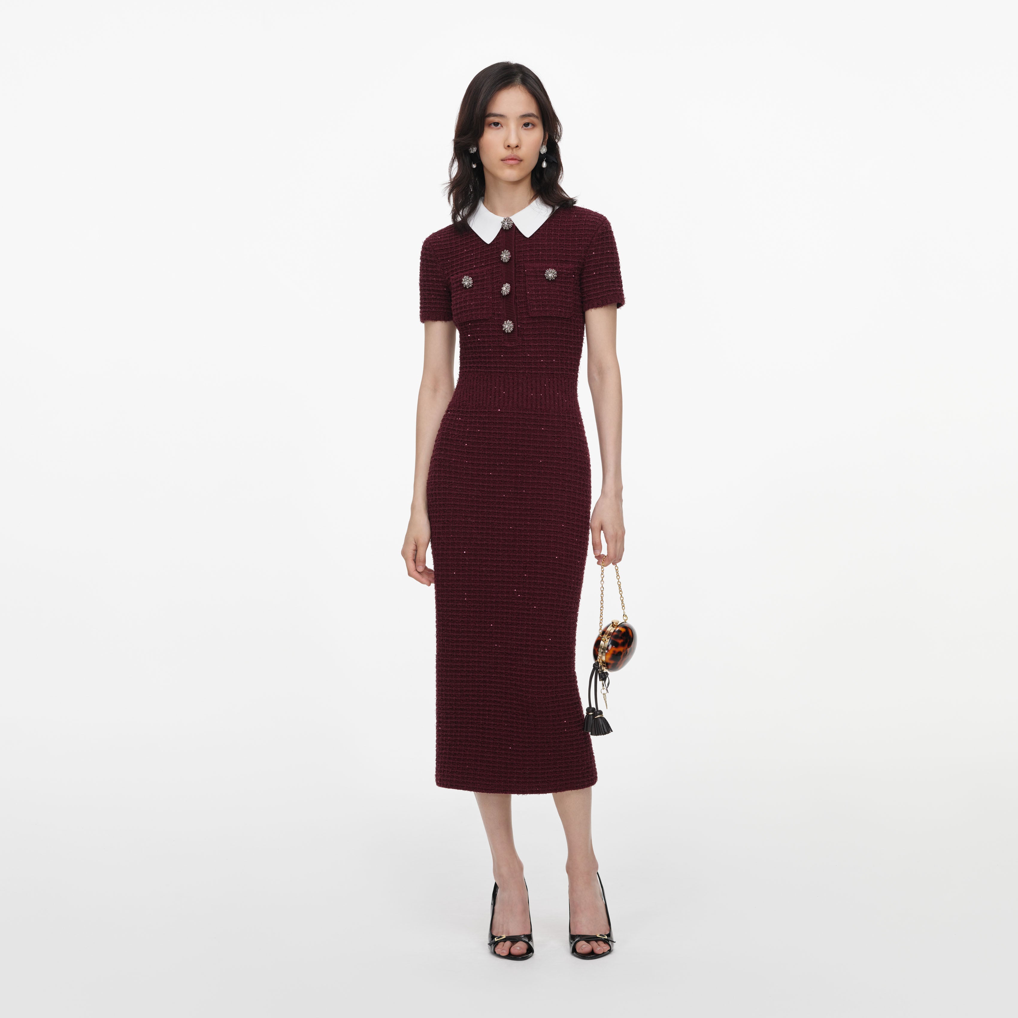 Self Portrait Burgundy Textured Midikleid Bordeaux Waffelstrick