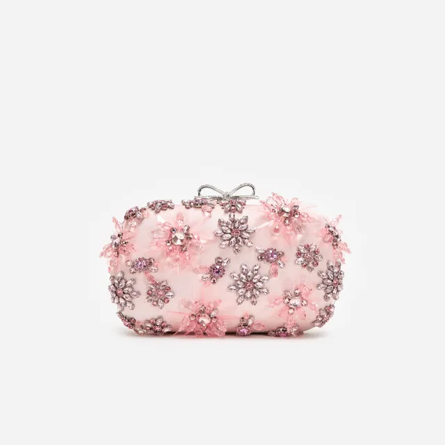 Self Portrait Pink Satin Floral Crystal Clutch Rosa