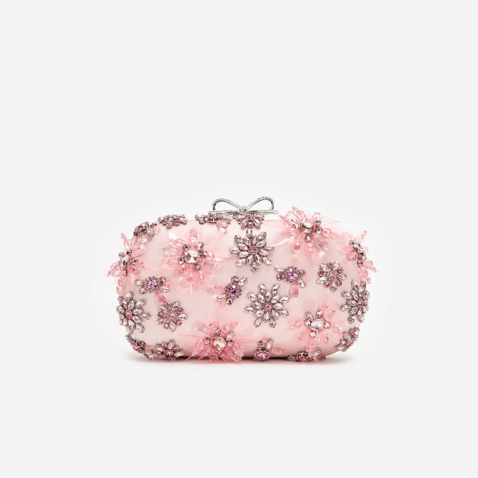 Self Portrait Pink Satin Floral Crystal Clutch Rosa