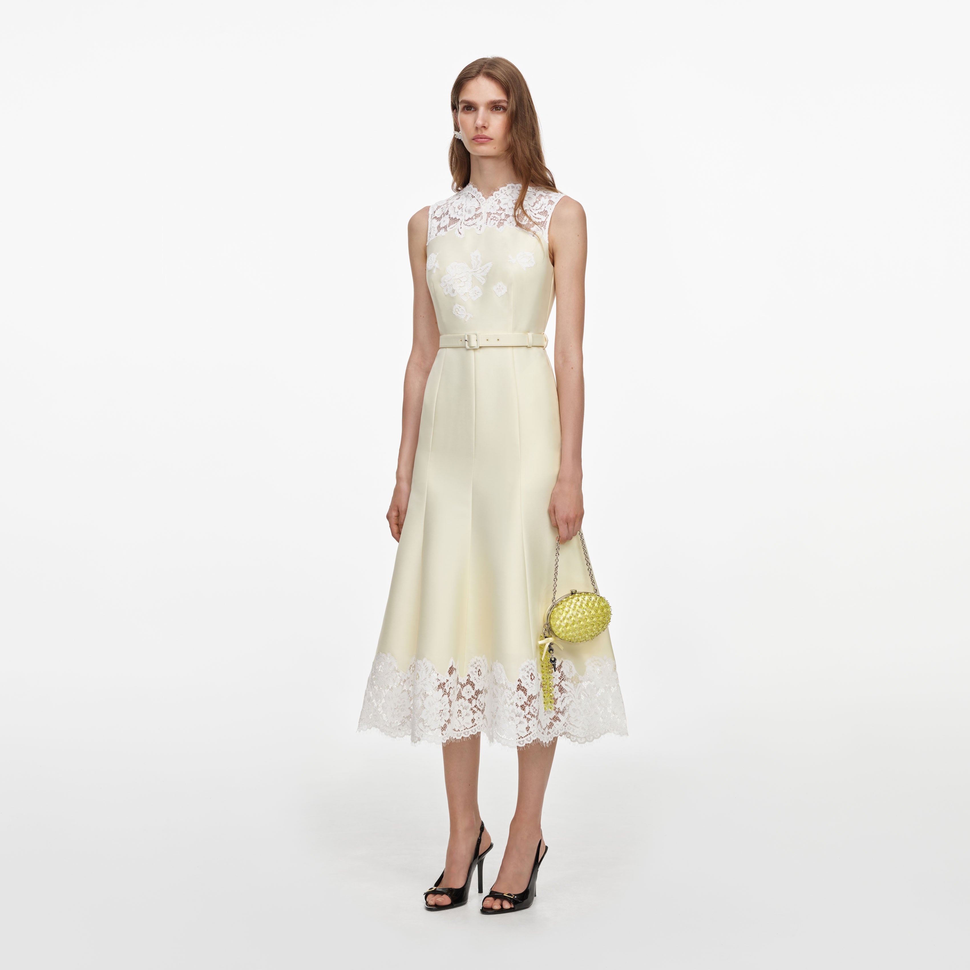 Self Portrait Yellow Taffeta Lace Midikleid Gelb Taft