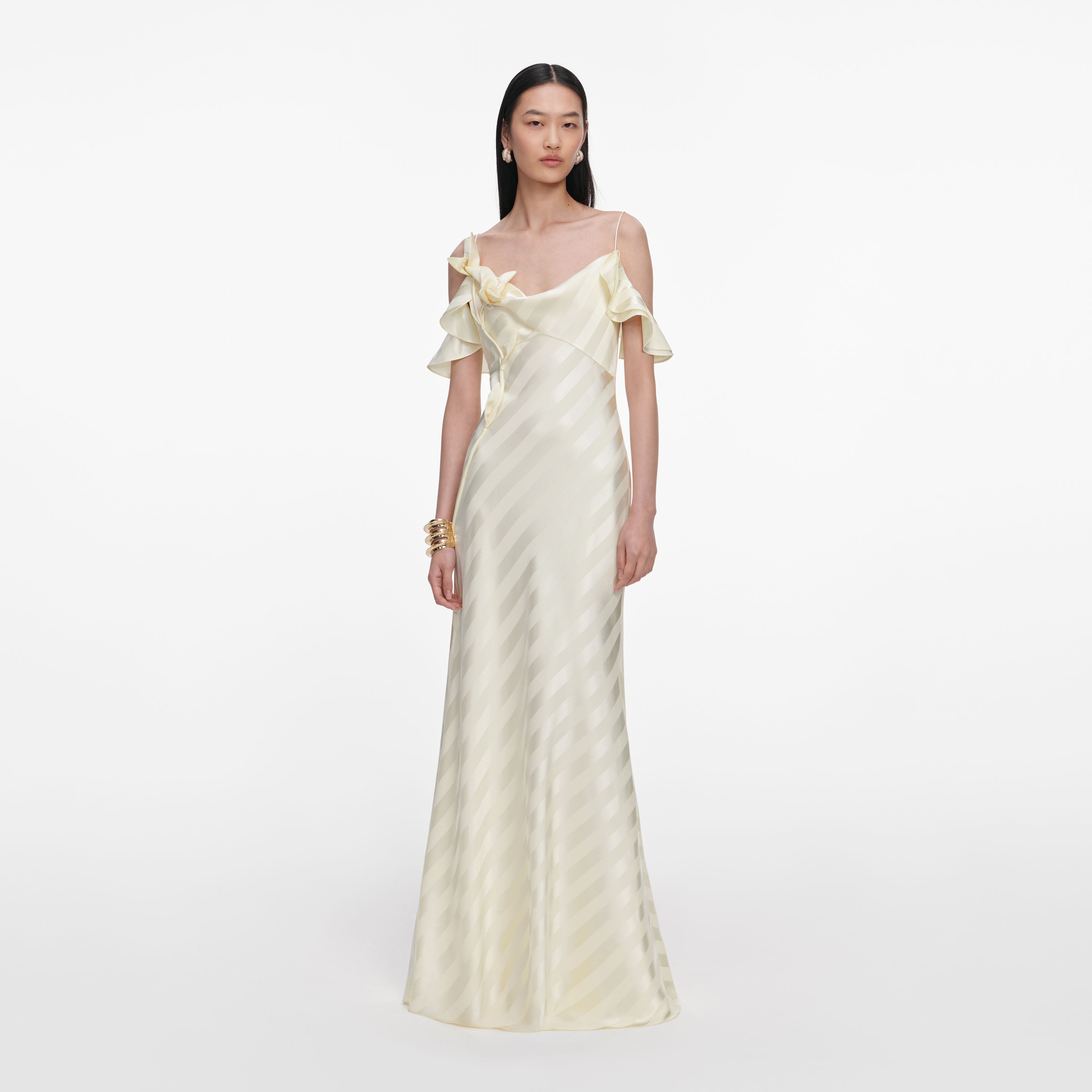 Self Portrait Satin Maxikleid Gelb Streifen Gr. UK 8