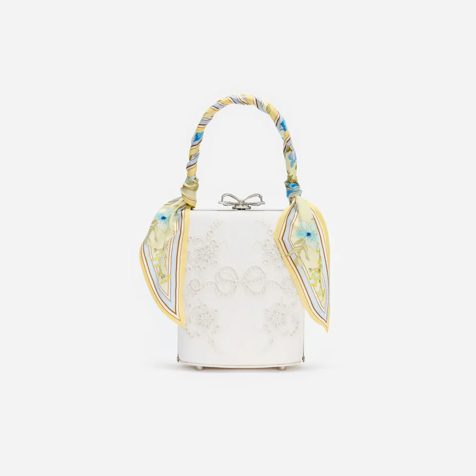 Self Portrait Cream Linen Floral Mini Bow Bag One Size