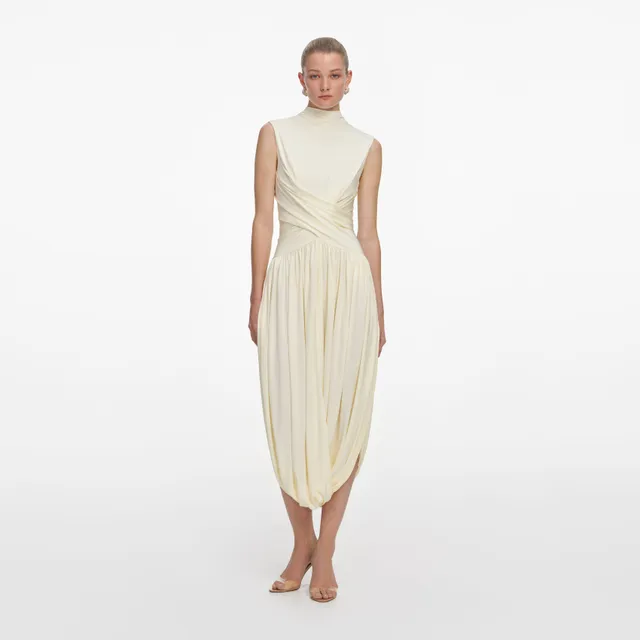 Self Portrait Jersey Midikleid Gelb Wickel Asymmetrisch