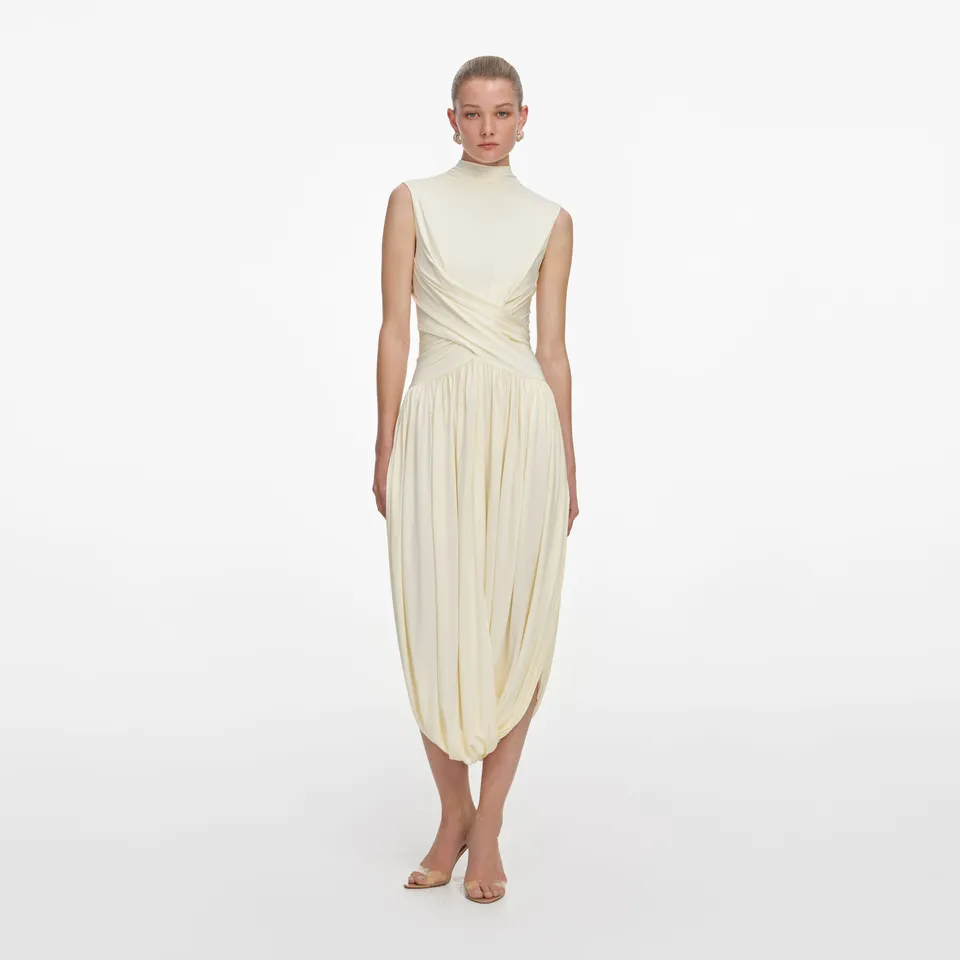 Self Portrait Jersey Midikleid Gelb Wickel Asymmetrisch