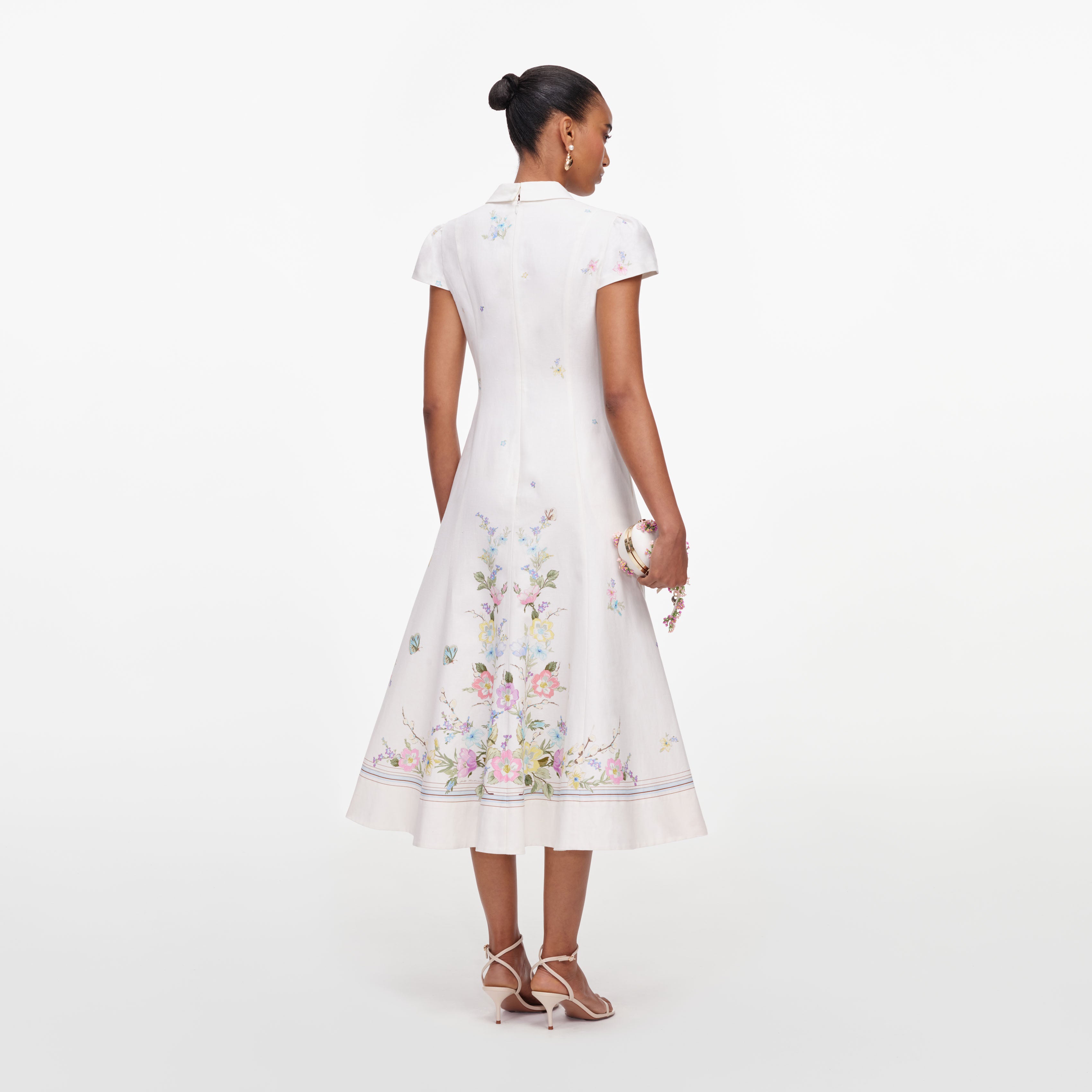 Self Portrait White Floral Leinen Midikleid Weiß