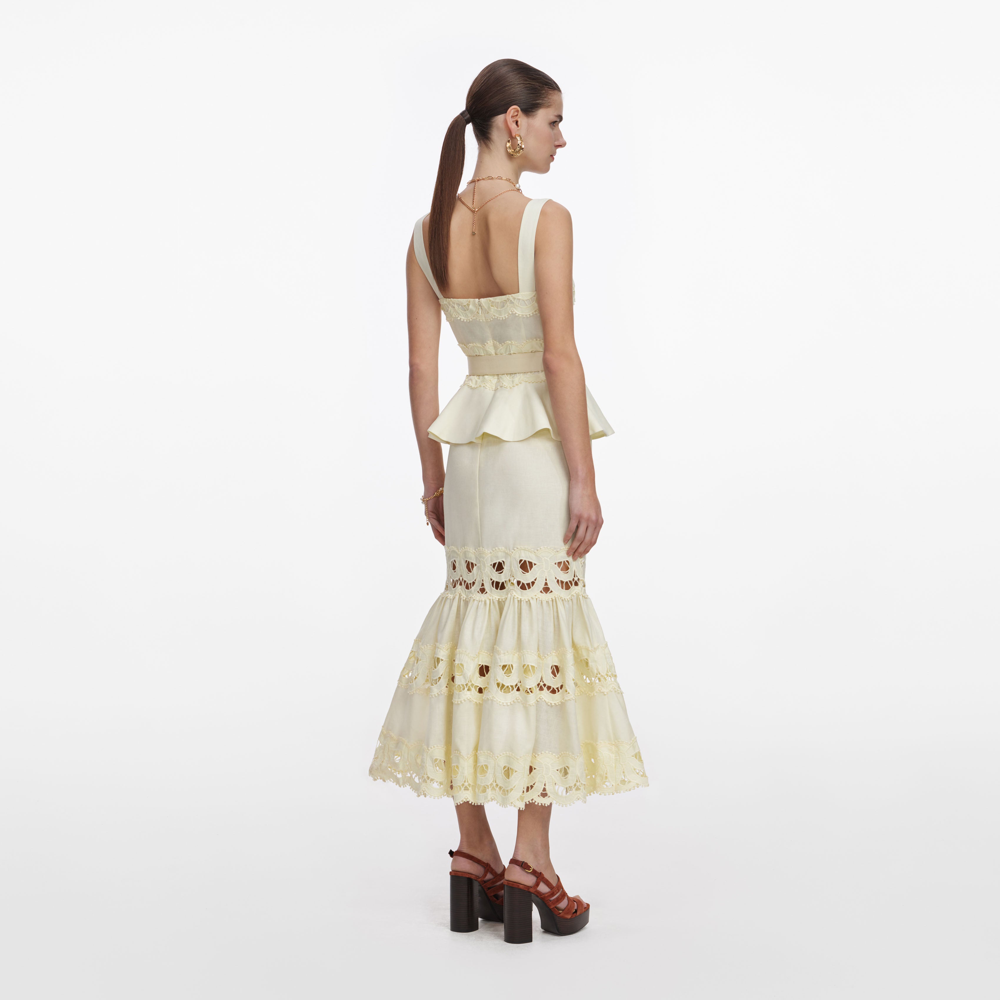 Self Portrait Yellow Linen Peplum Midi Kleid Gelb Leinen
