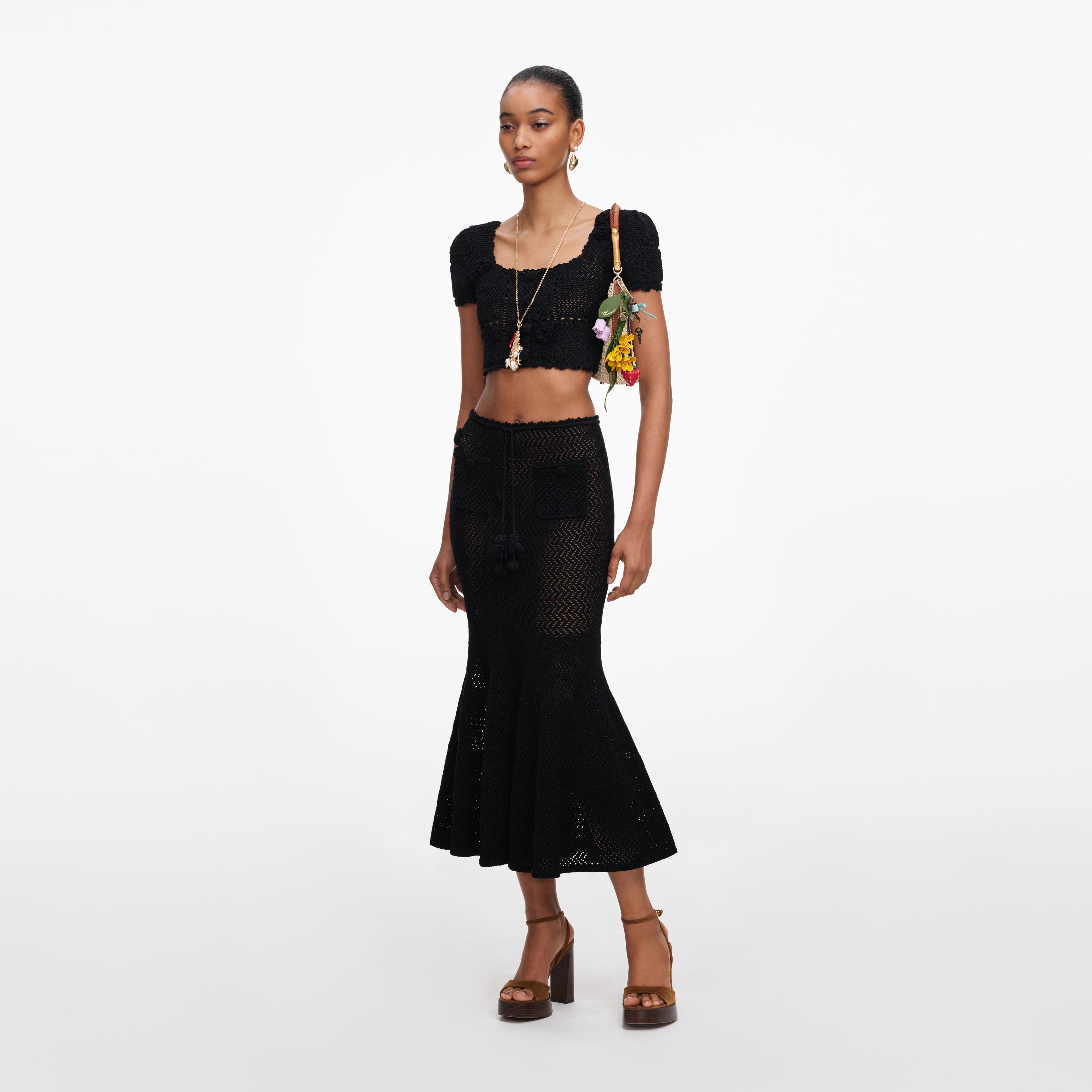 Self Portrait Black Crochet Knit Midi Skirt Strickrock schwarz