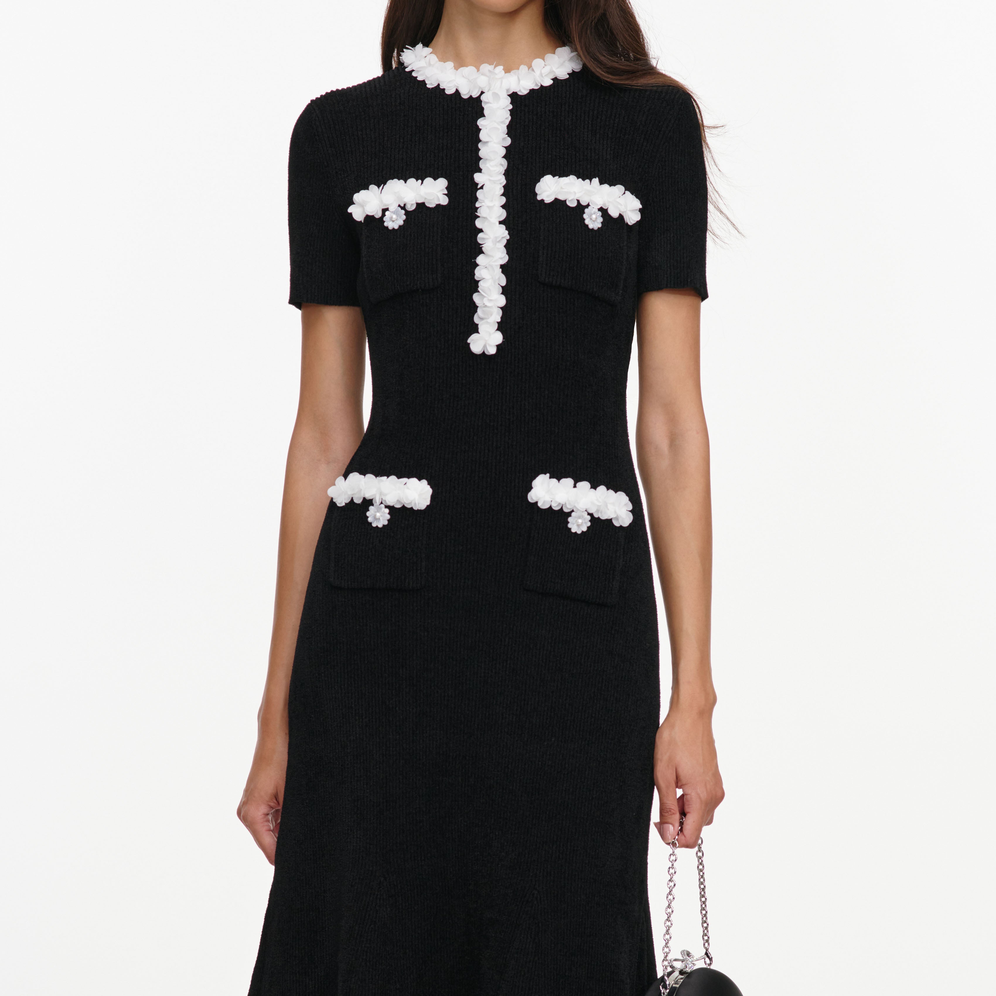 Self Portrait Chenille Flower Trim Midi Kleid schwarz S