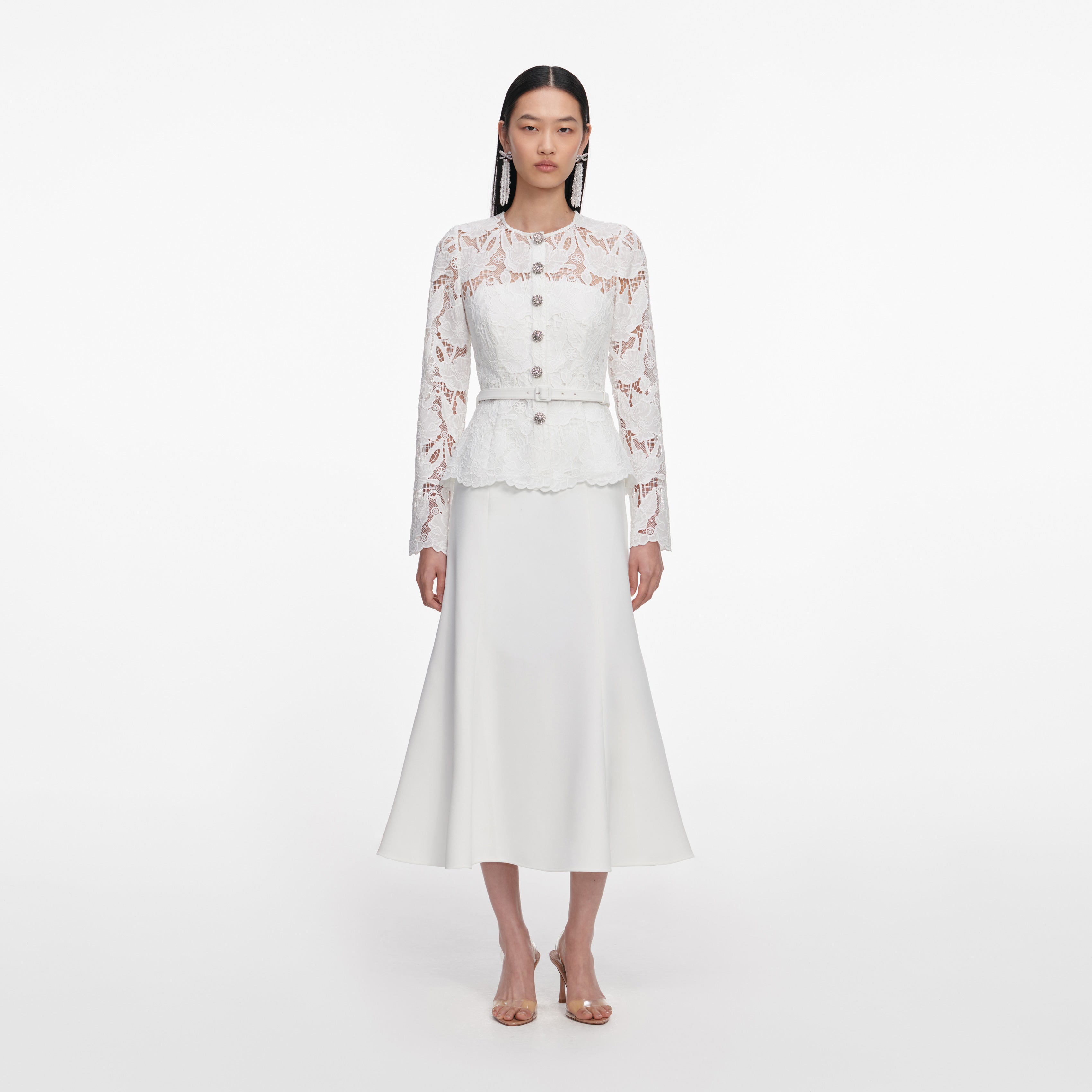 Self-Portrait Lace Crepe Midi Kleid weiss Spitze