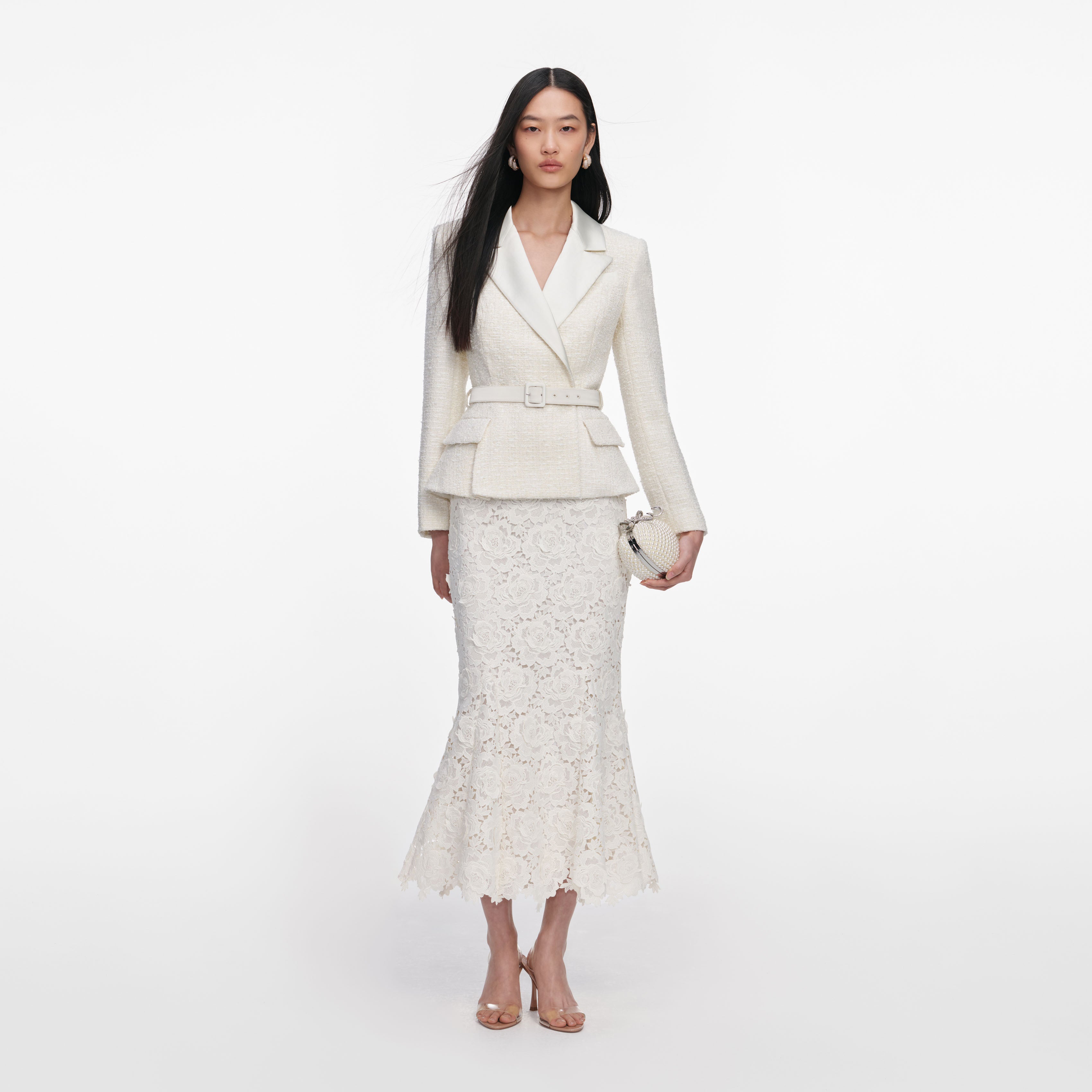 Self Portrait Boucle Midi Kleid Creme Spitze Gürtel