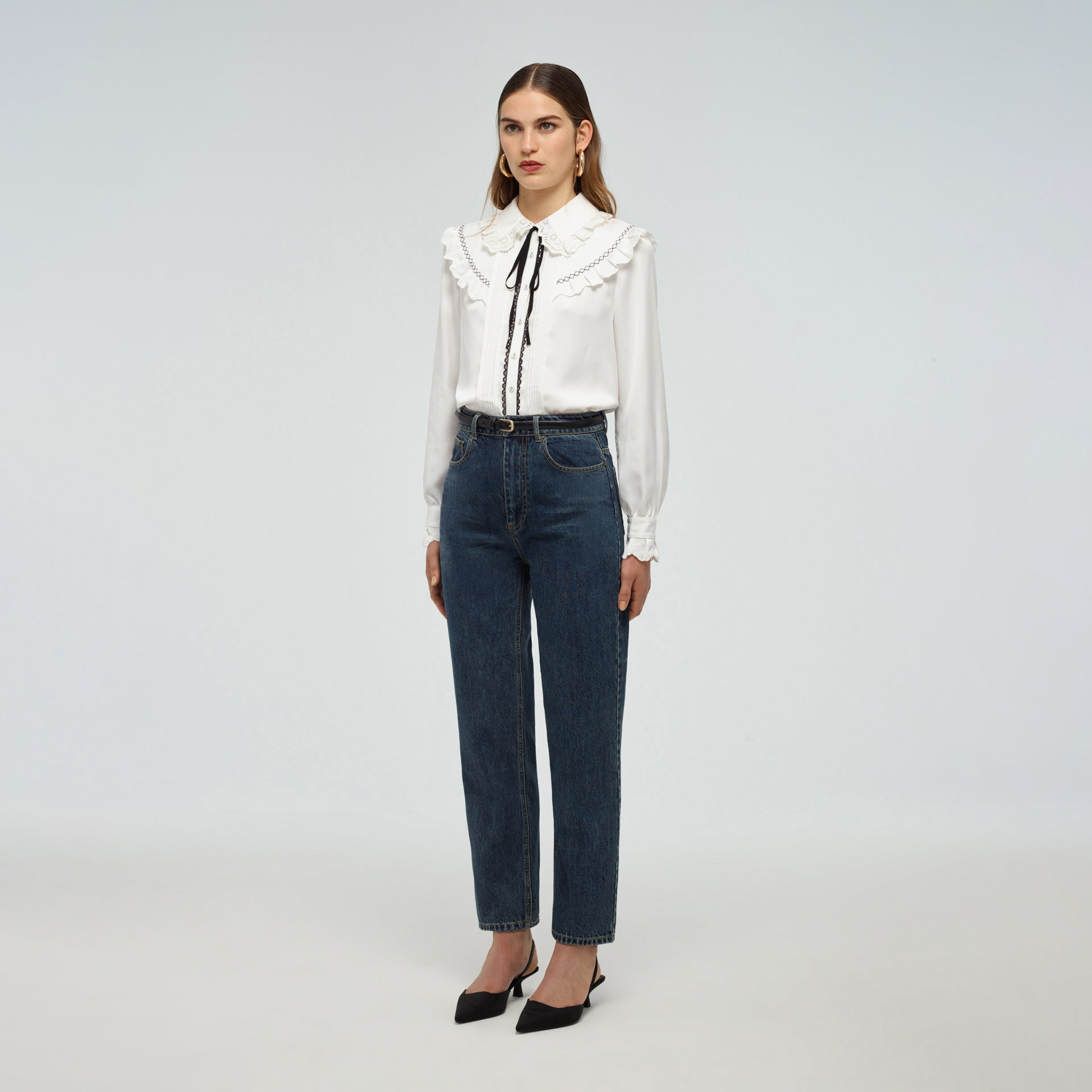 Self Portrait Frill Yoke Shirt Bluse Weiss Twill UK 8