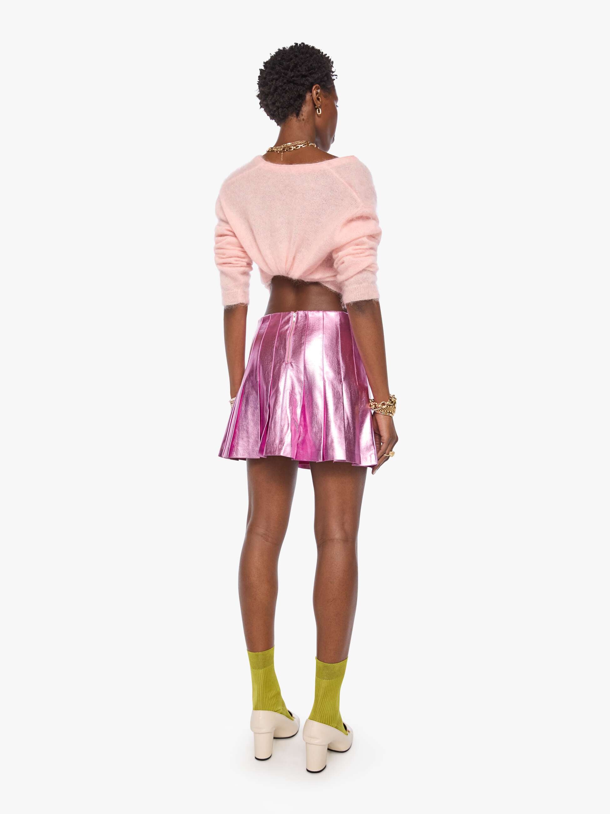 MOTHER Pleated Mini Skirt Rock Hoop Earrings Rosa