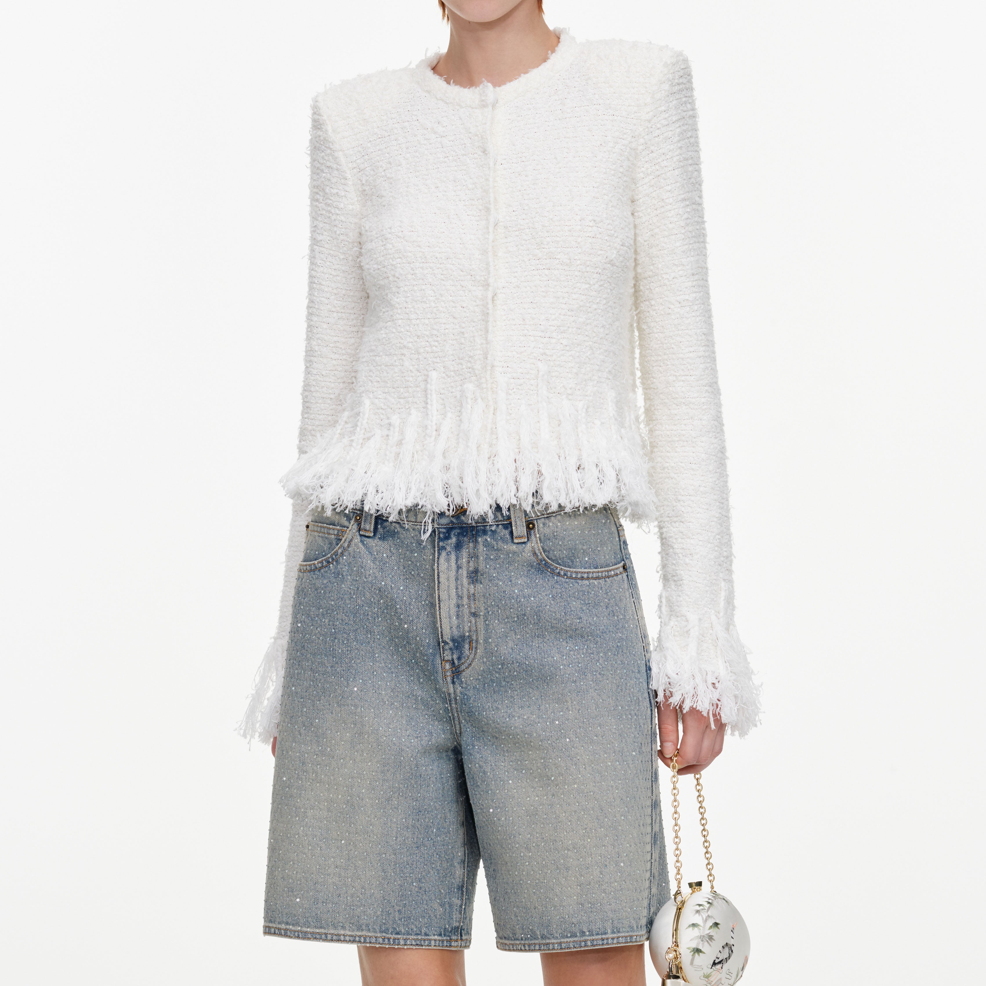 Self Portrait White Fringe Knit Cardigan Wei Boucle