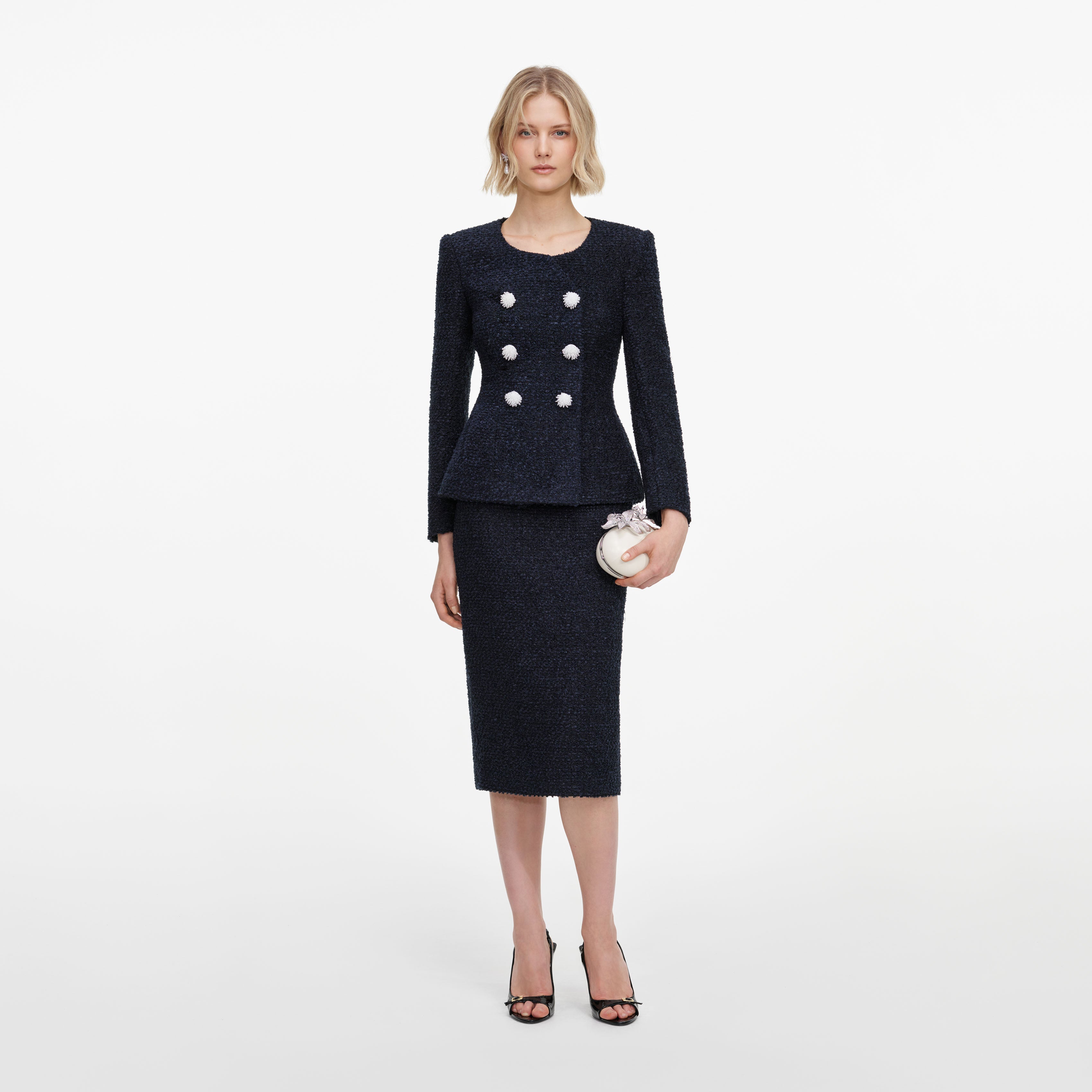 Self Portrait Navy Boucle Midi Dress Kleid Navy