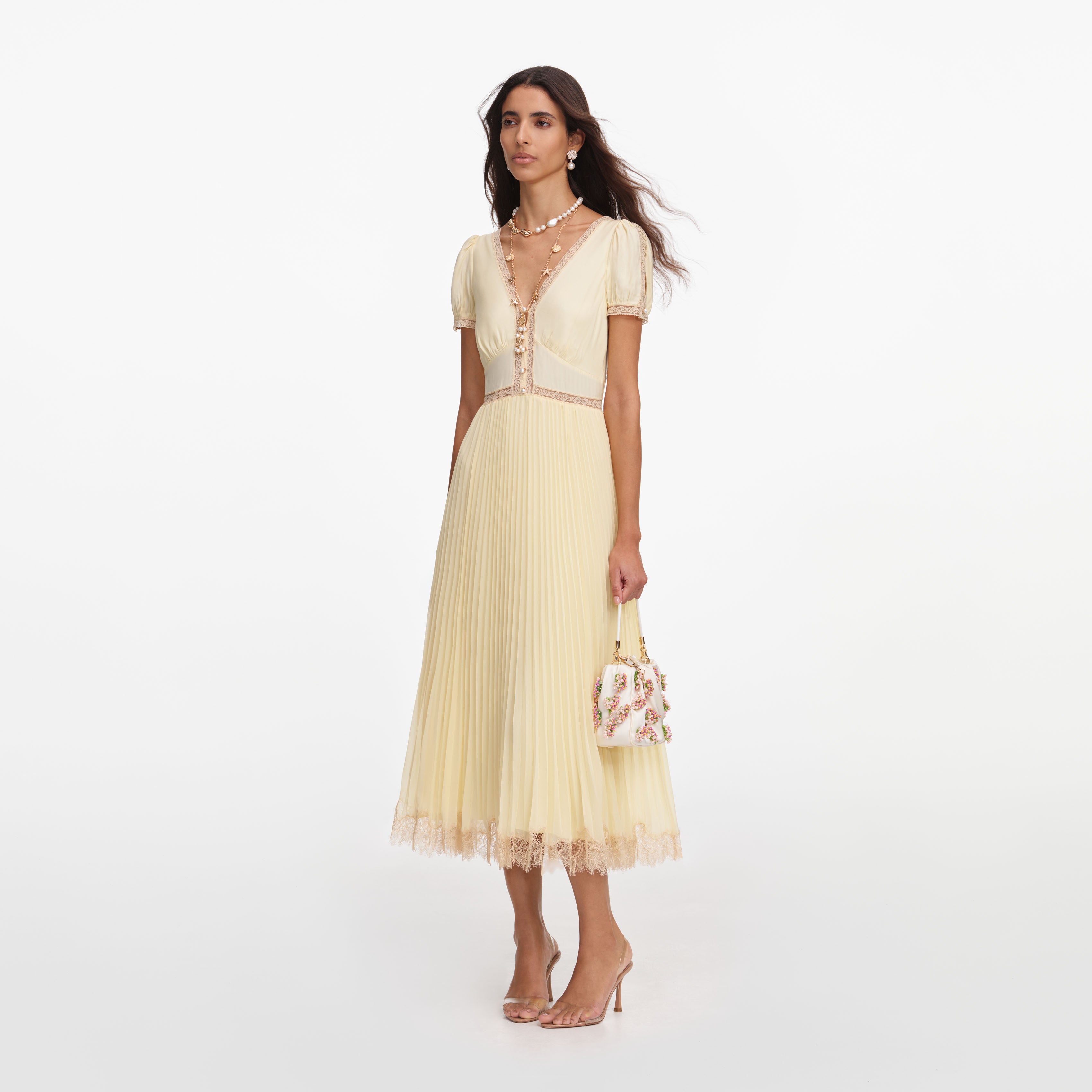 Self-Portrait Yellow Viscose Pleated Lace Midi Kleid Gelb Plissee
