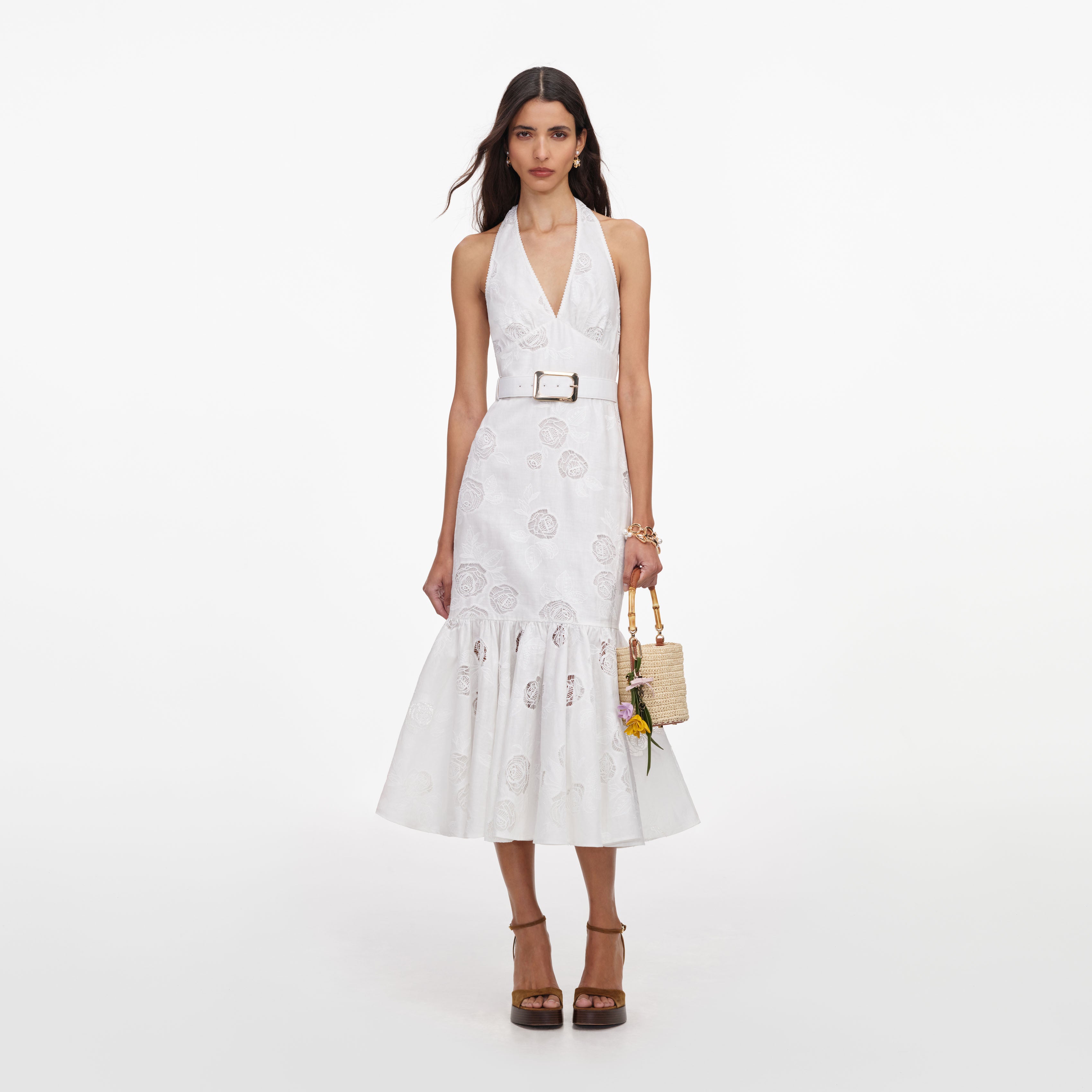 Self Portrait White Linen Halterneck Midi Kleid Weiß Leinen