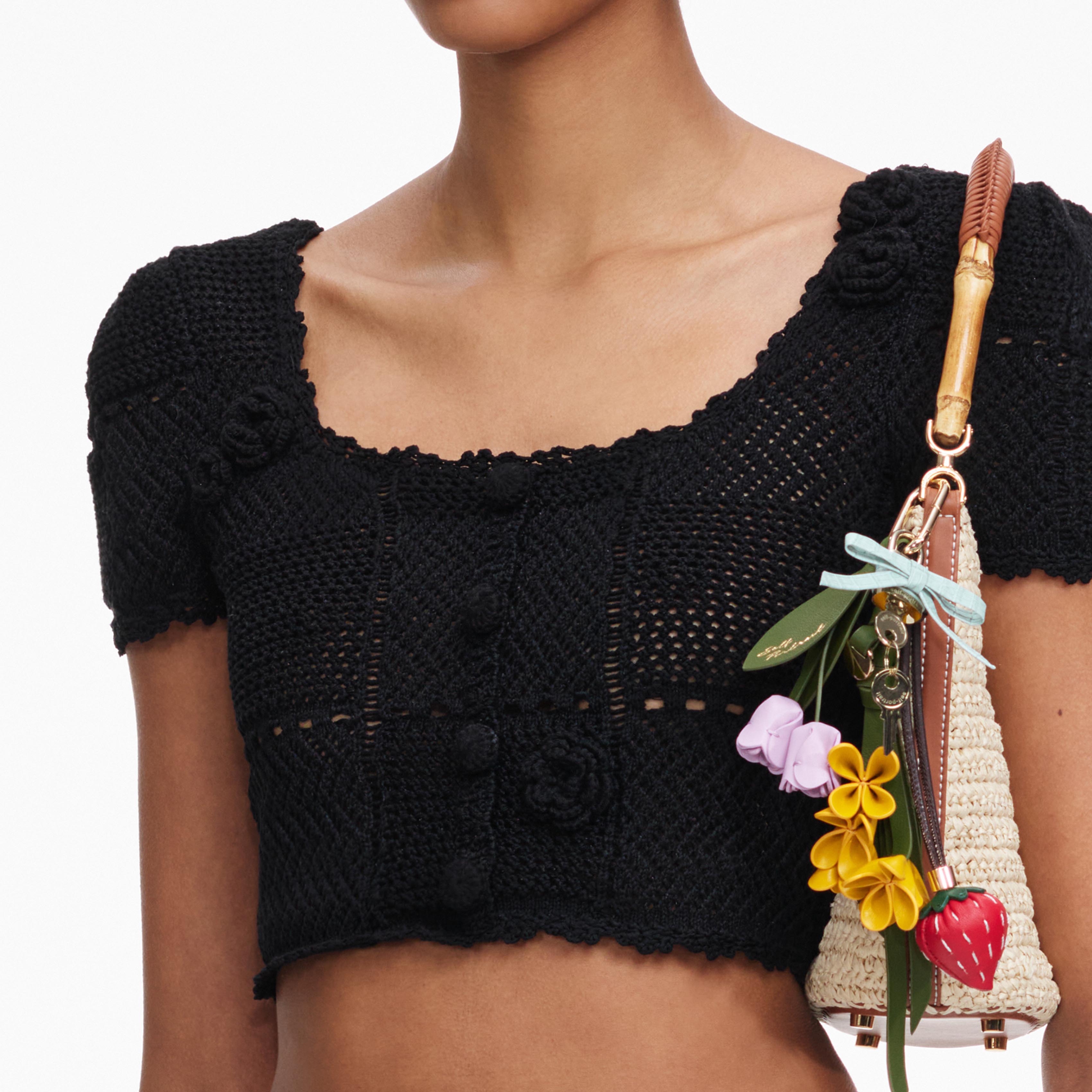 Self Portrait Black Crochet Knit Crop Top Schwarz S Häkel