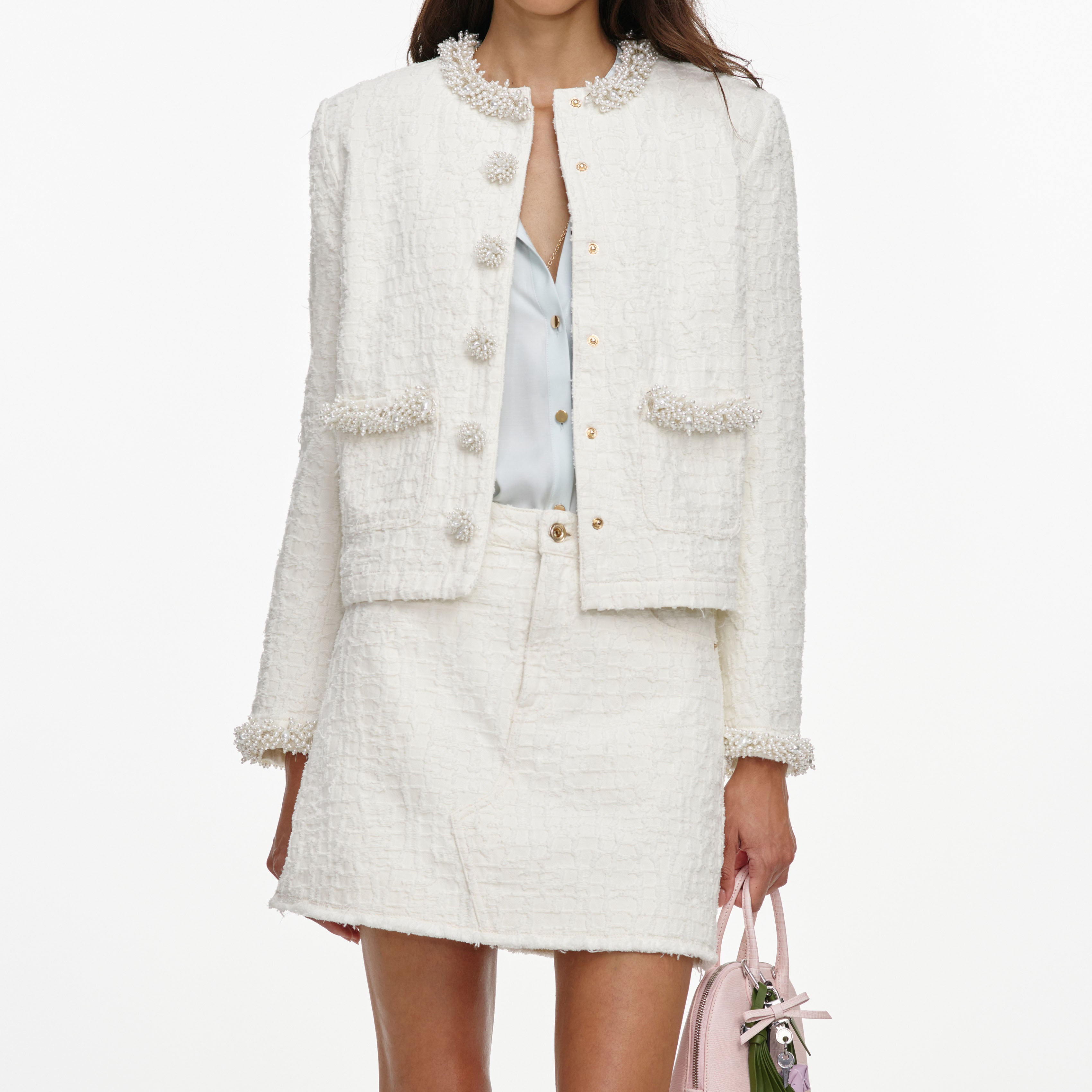 Self Portrait Creme Denim Jacke Perlen Relaxed Fit