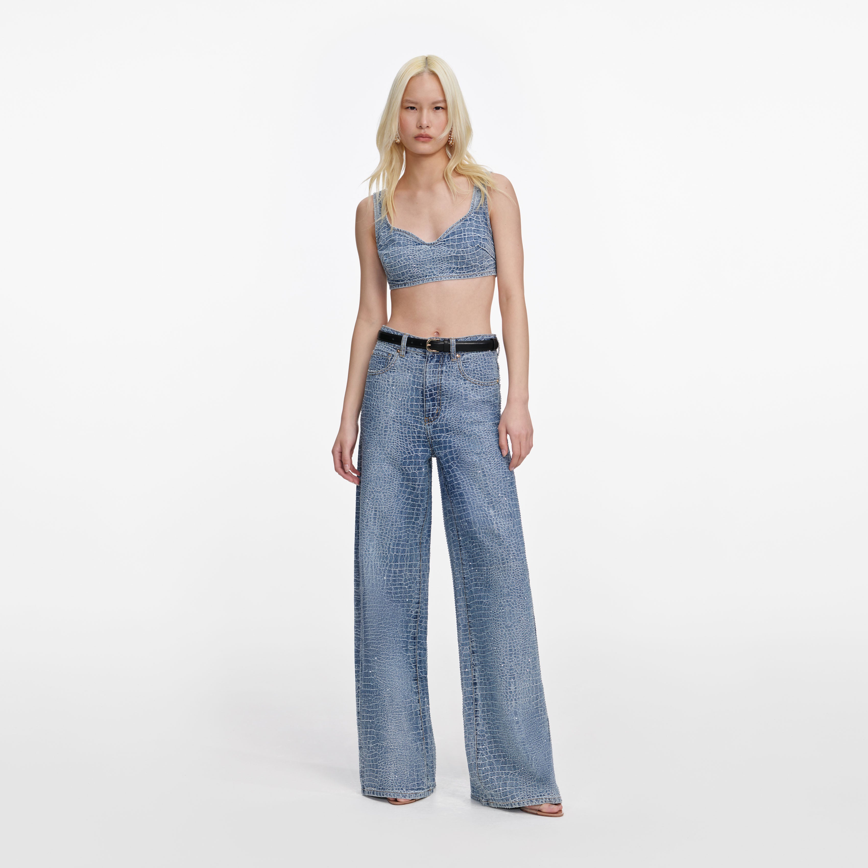 Self Portrait Rhinestone Croc Wide Leg Jeans Blau High Waist