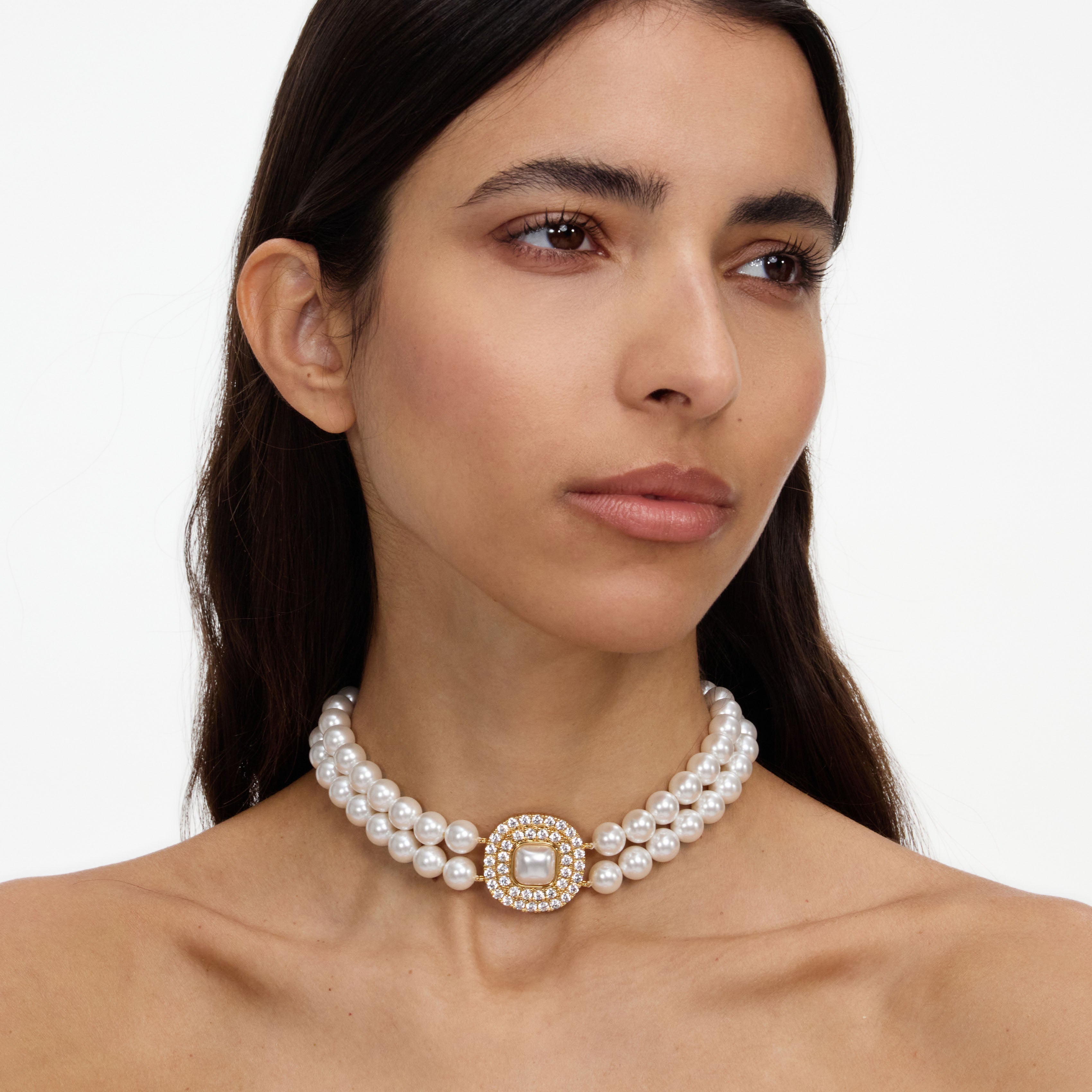 Self Portrait Gold Crystal Pearl Choker Kette One Size Creme