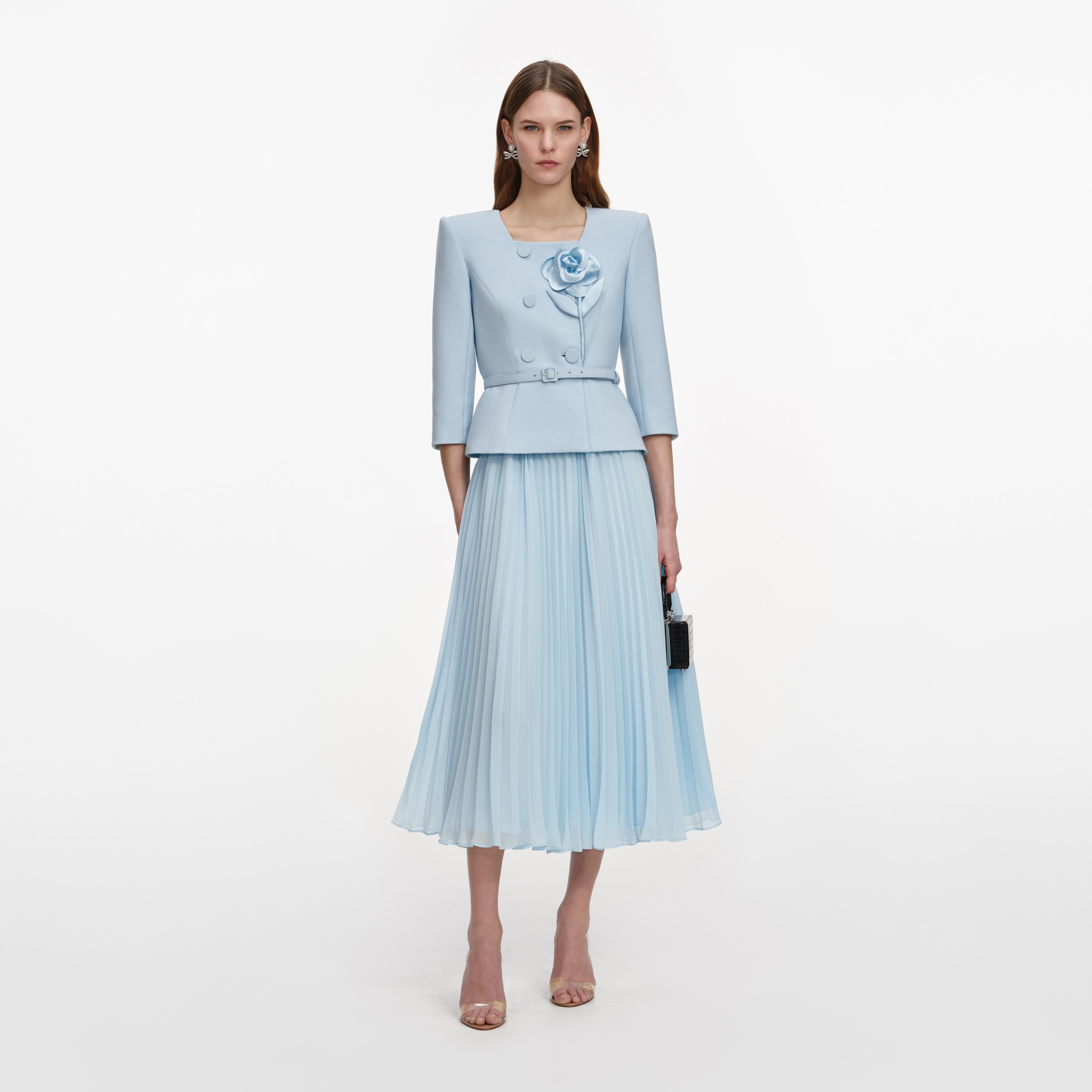 Self Portrait 3D Flower Chiffon Midi Kleid Blau