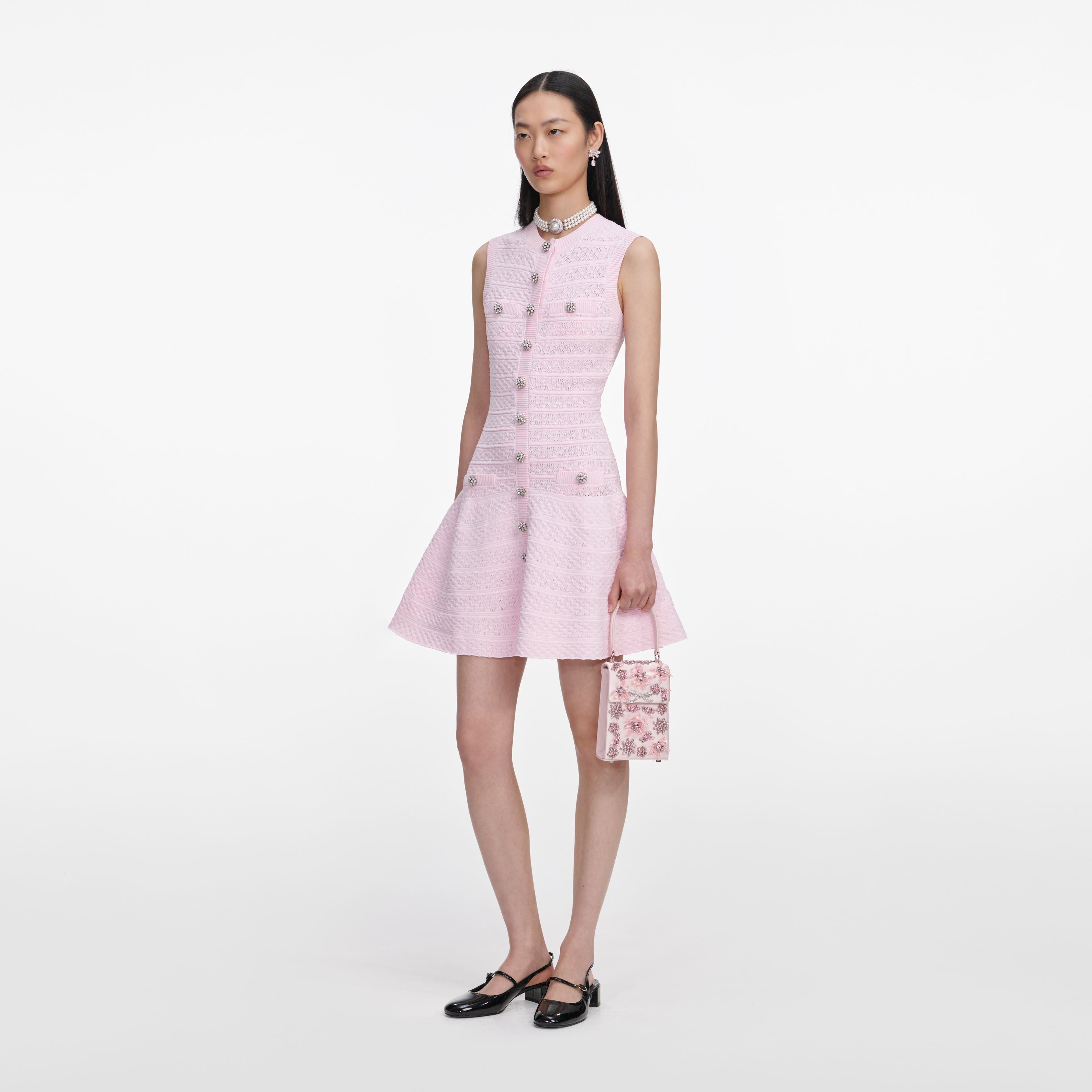 Self Portrait Pink Pointelle Diamante Knit Mini Kleid Rosa