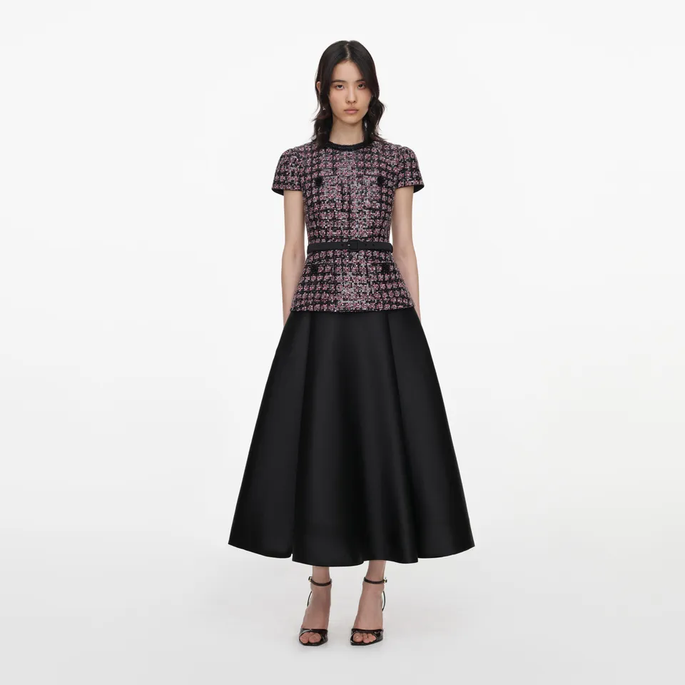 Self Portrait Pink Black Sequin Boucle Midi Dress Paillettenkleid