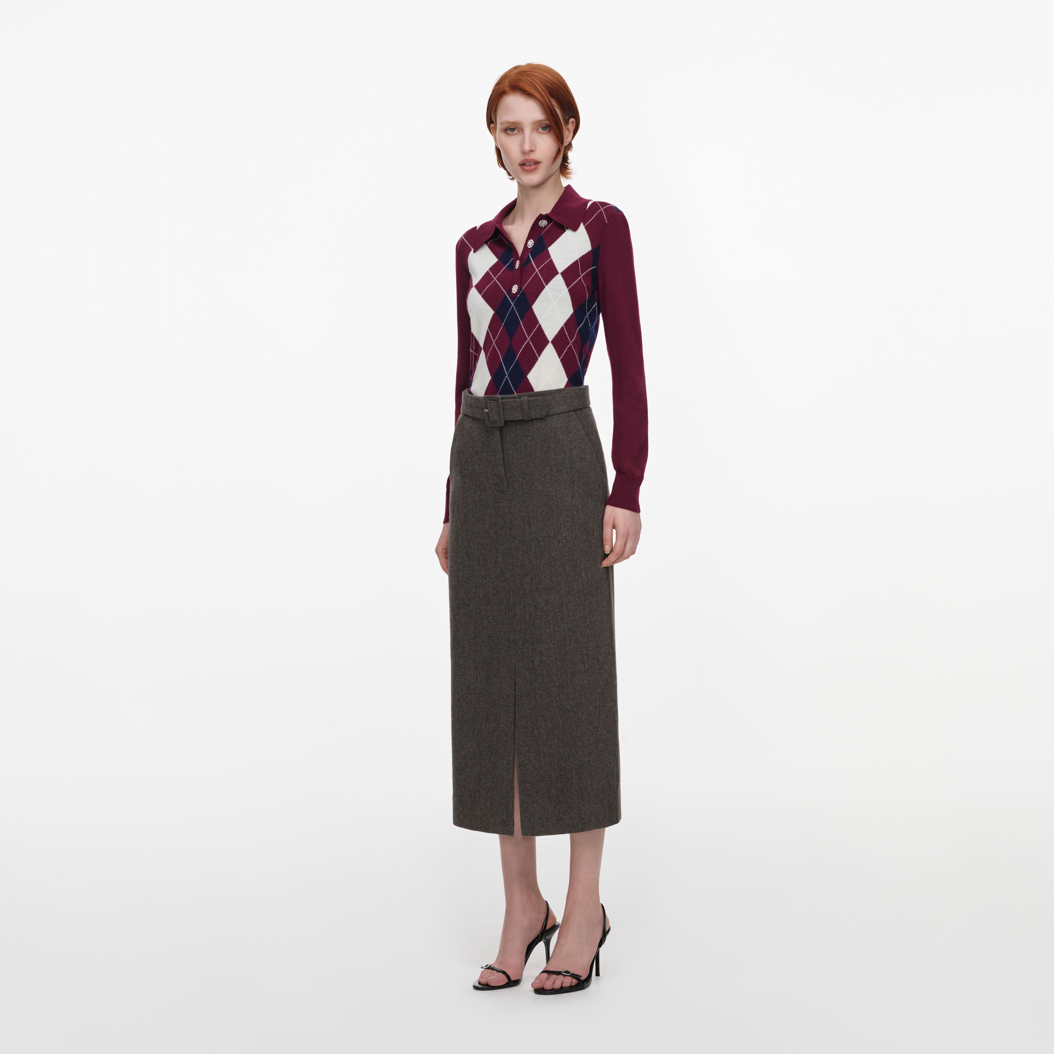 Self Portrait Knitwear Pullover Bordeaux Argyle Leicht