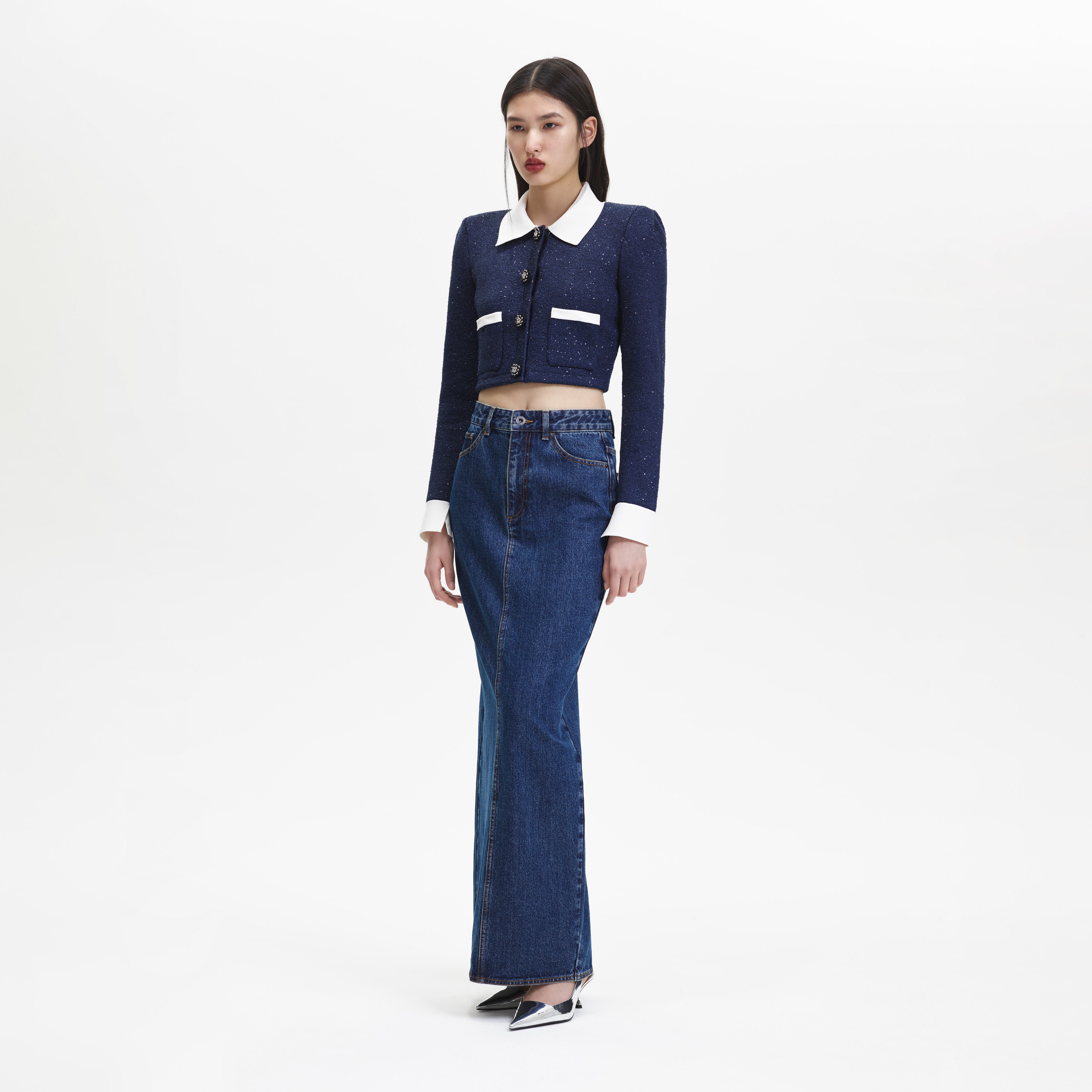 Self Portrait Blue Denim Maxi Skirt Jeansrock Blau UK 8