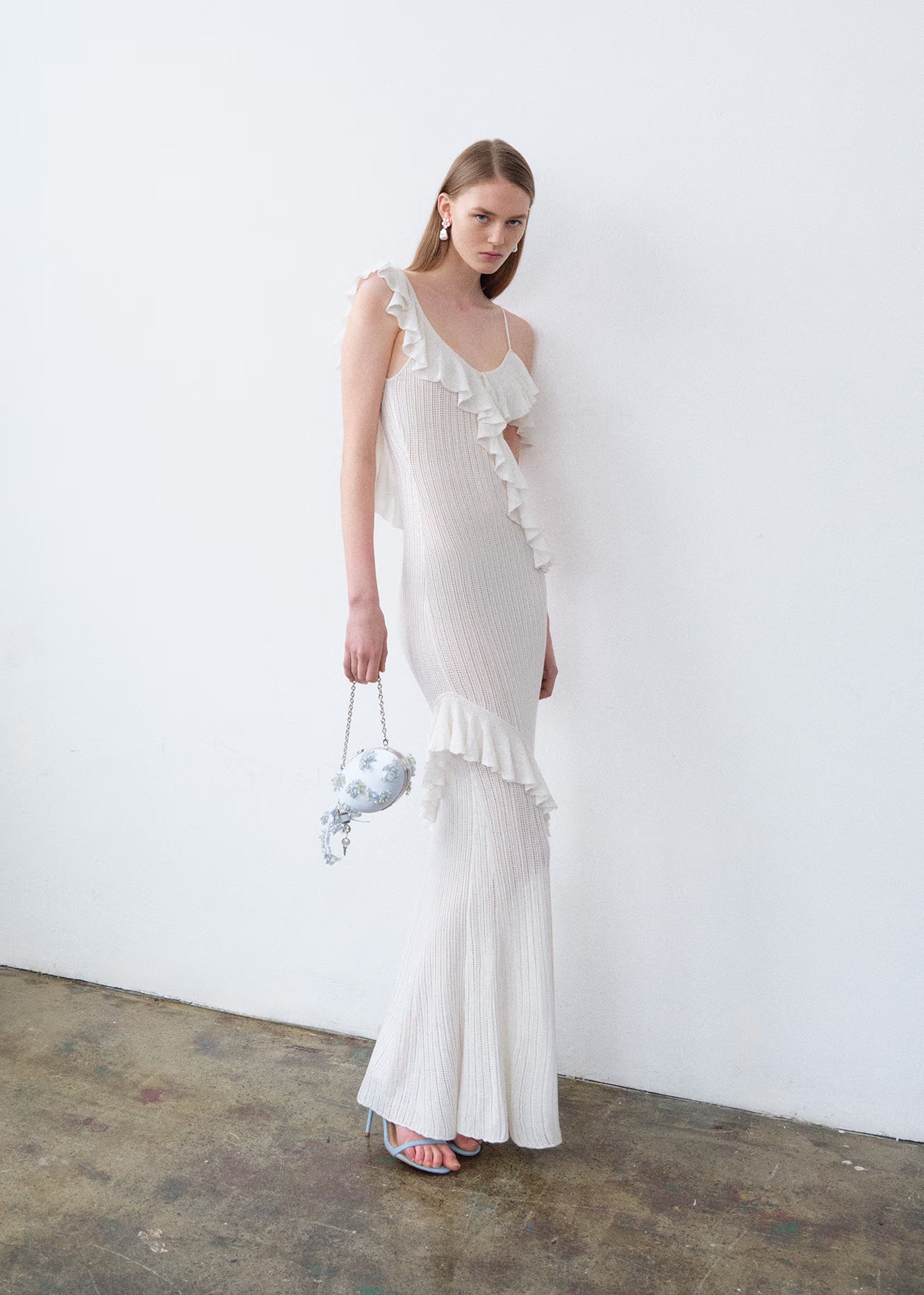 Self Portrait White Ruffle Knit Maxi Kleid Weiß