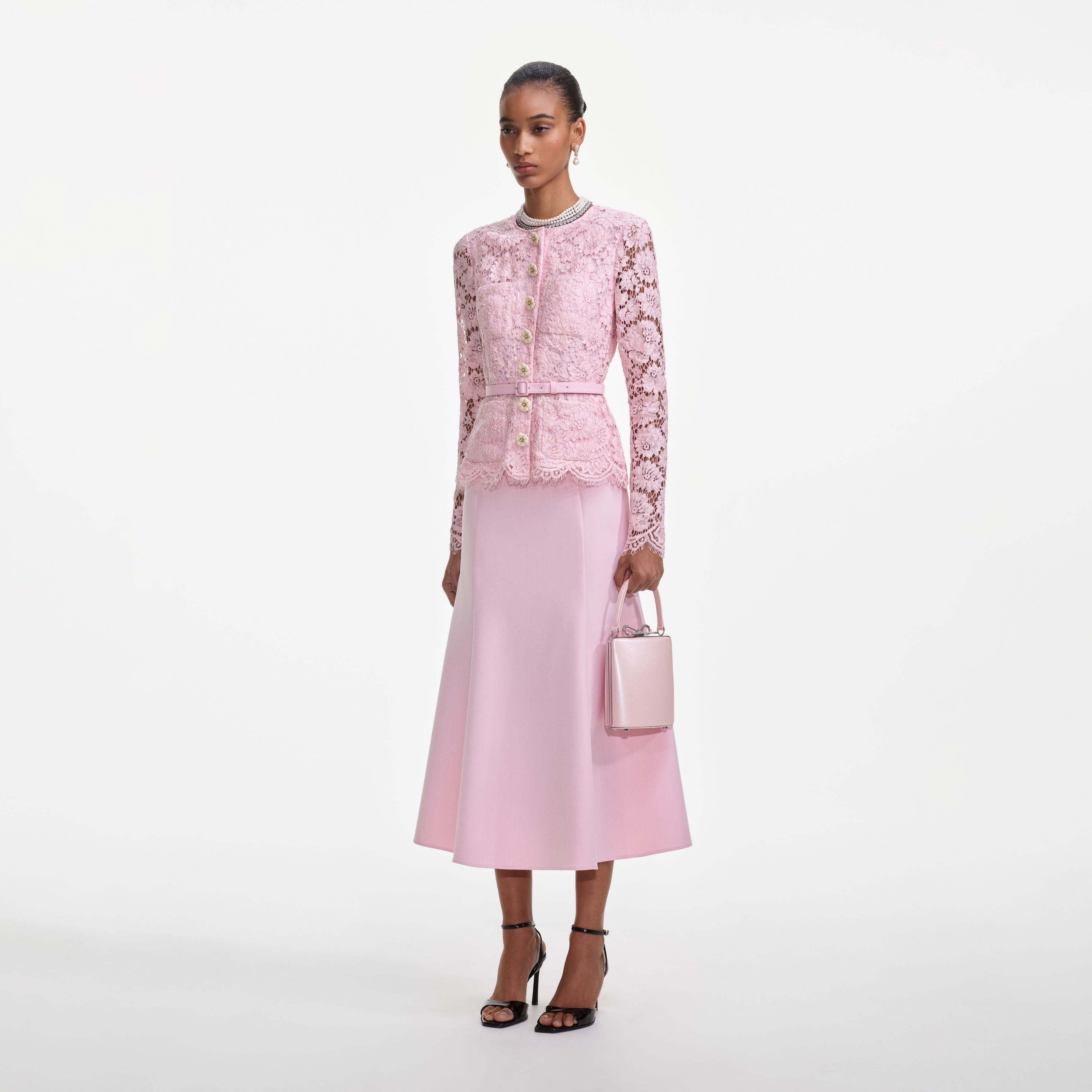Self Portrait Pink Tailored Lace Midi Kleid Rosa Gürtel