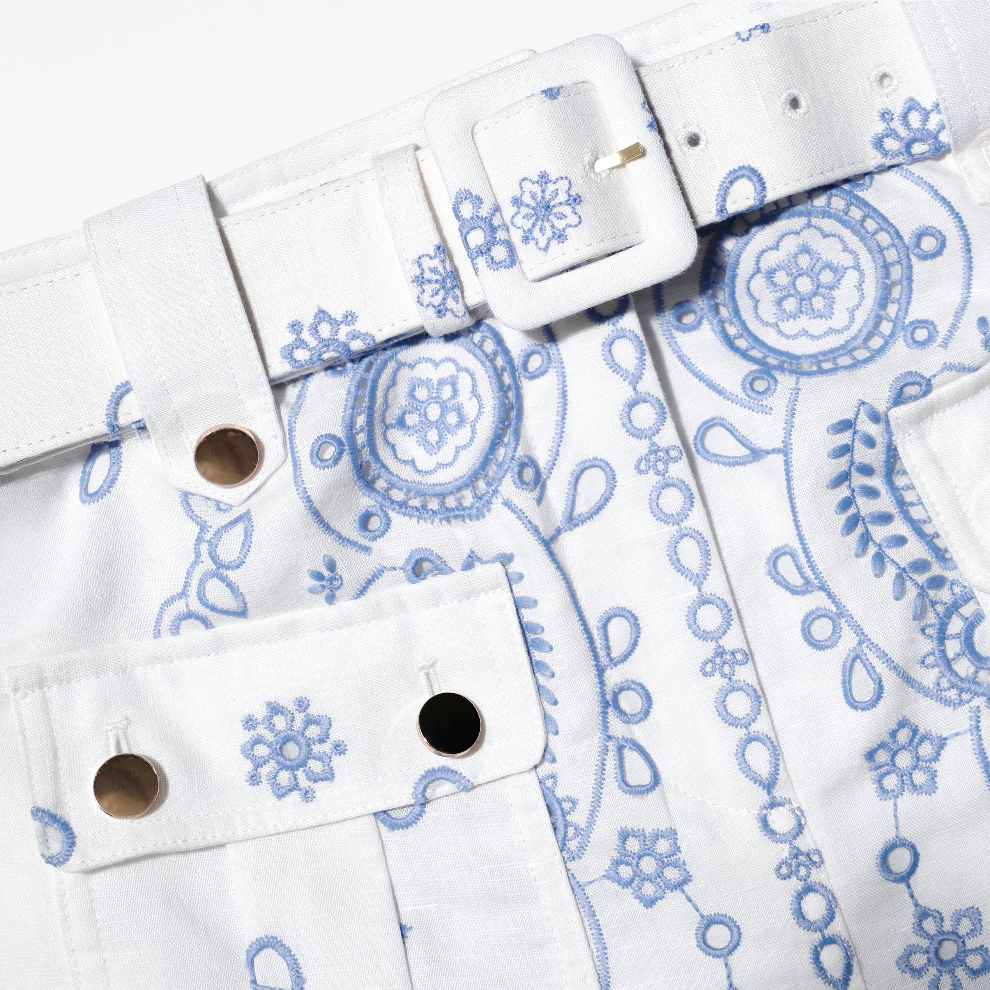 Self Portrait White Blue Embroidered Mini Skirt Rock Weiß